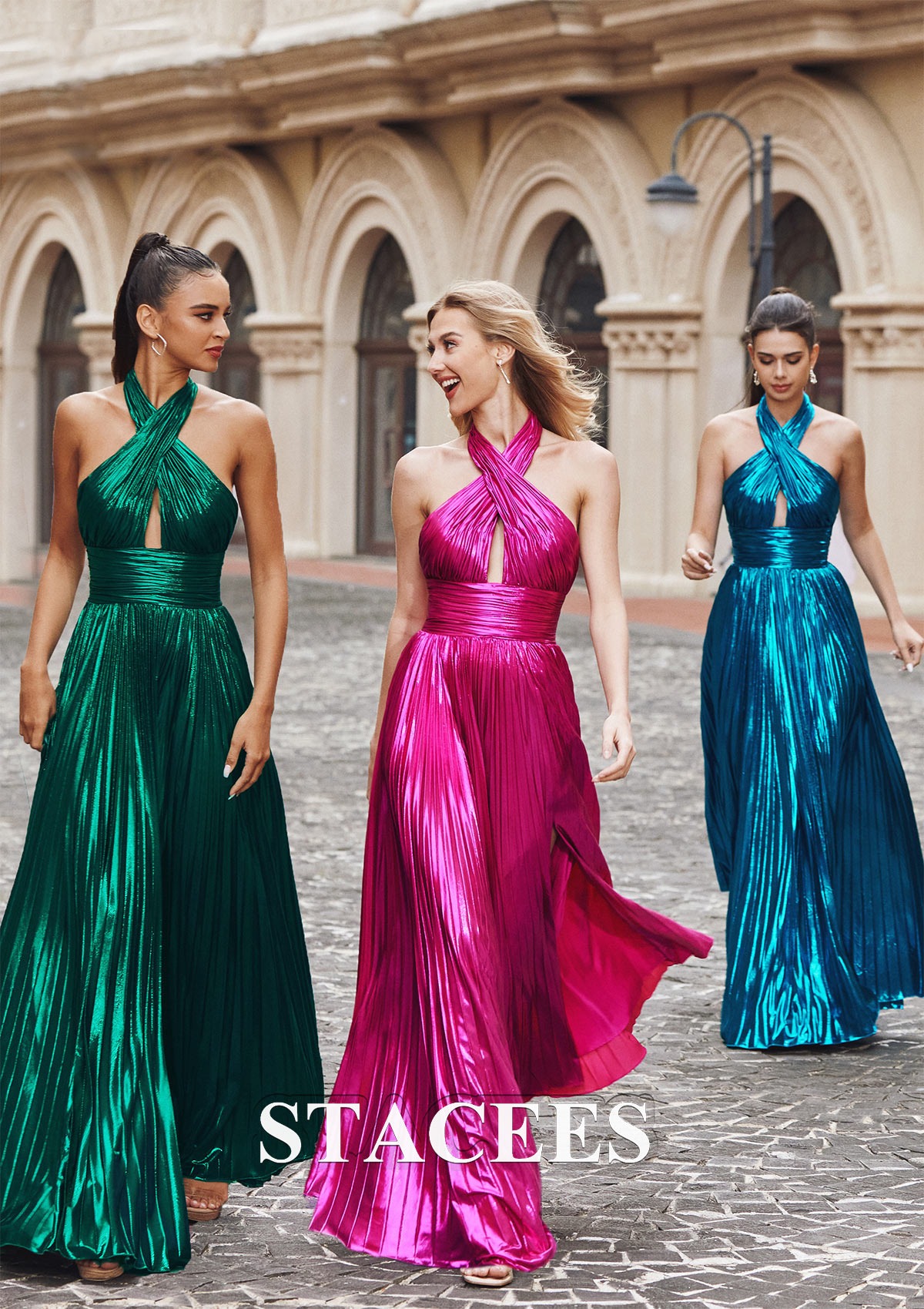 Fucsia Vestido línea a cuello halter metálico hasta el suelo vestido de graduación - STACEES