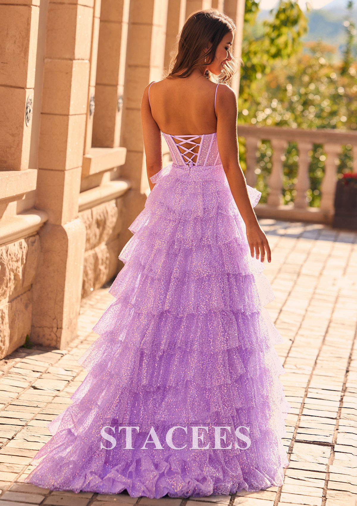 Lilac Cute A-Line Sweetheart Tiered Ruffles Sequins Prom Dresses - STACEES