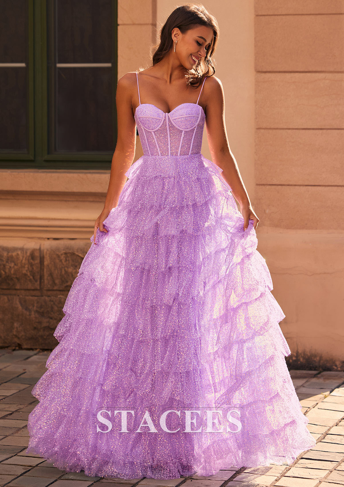 Lilac Cute A-Line Sweetheart Tiered Ruffles Sequins Prom Dresses - STACEES