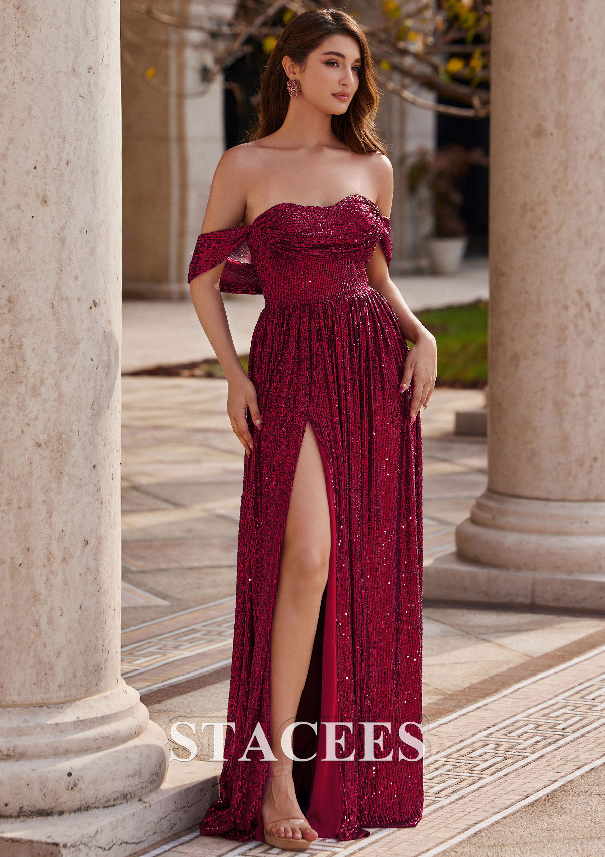 Burgundy A-line Sweetheart Sweep Train Sequined Prom Dress with Pleated Split - STACEES
