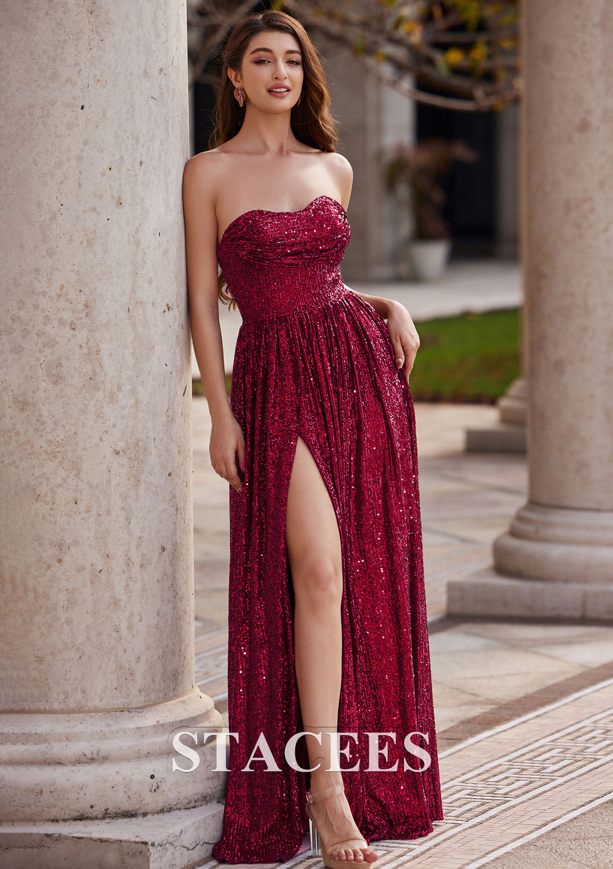 Burgundy A-line Sweetheart Sweep Train Sequined Prom Dress with Pleated Split - STACEES