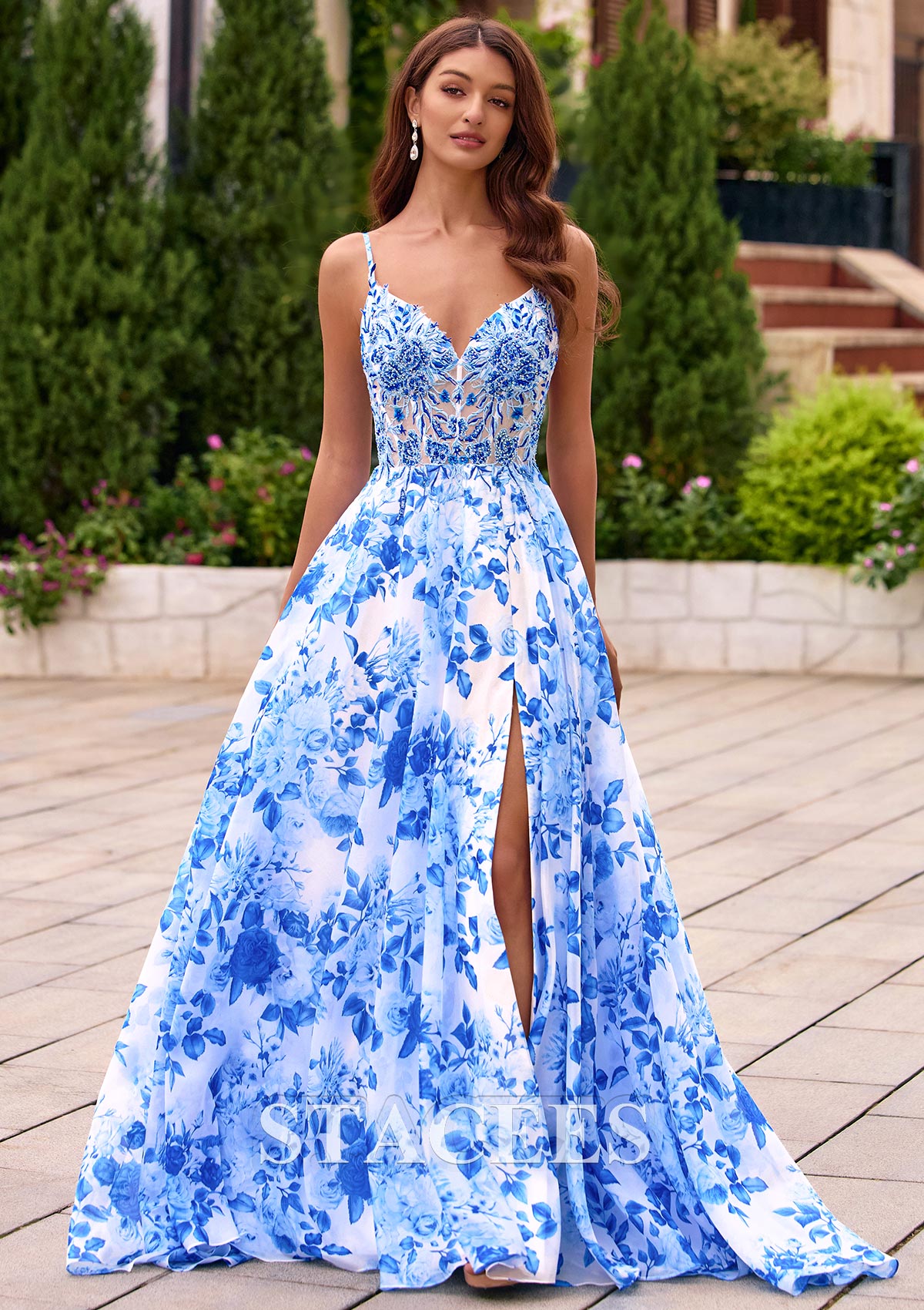 blue floral corset prom dress A-line Print Beaded Boned with Slit S8979P - Prom Dresses Neck:17.5