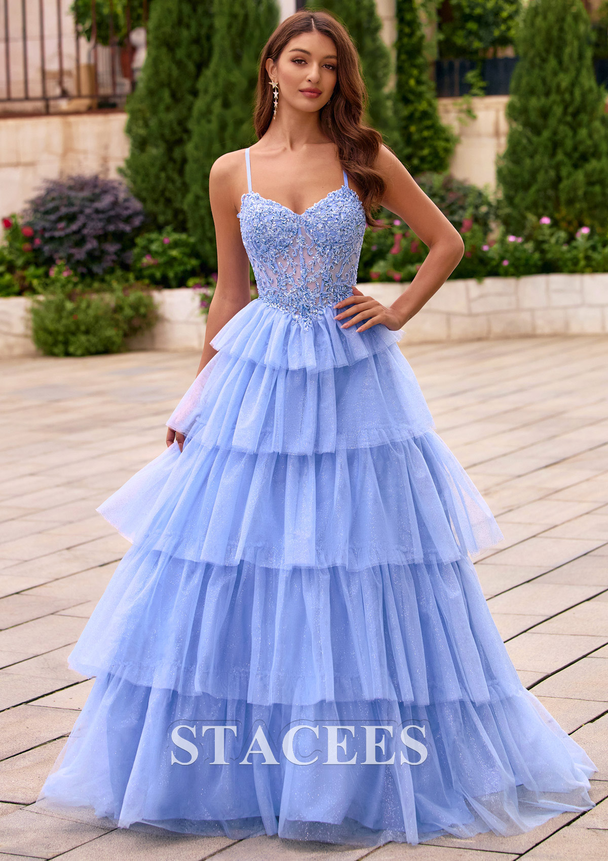 As picture Sparkly A-line Tiered Ruffle Glitter Tulle Ball Gown Prom Dress with Lace Sheer Corset - STACEES
