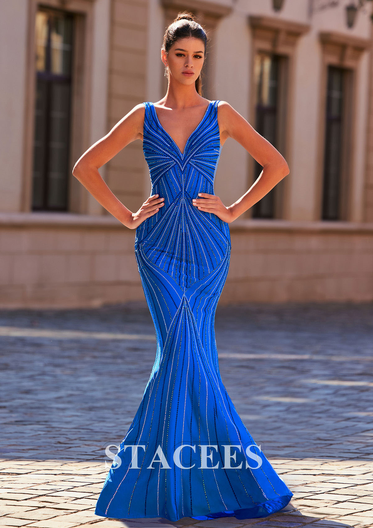 Ocean Blue Trumpet/Mermaid V Neck Jersey Sweep Train Beaded Prom Dress - STACEES