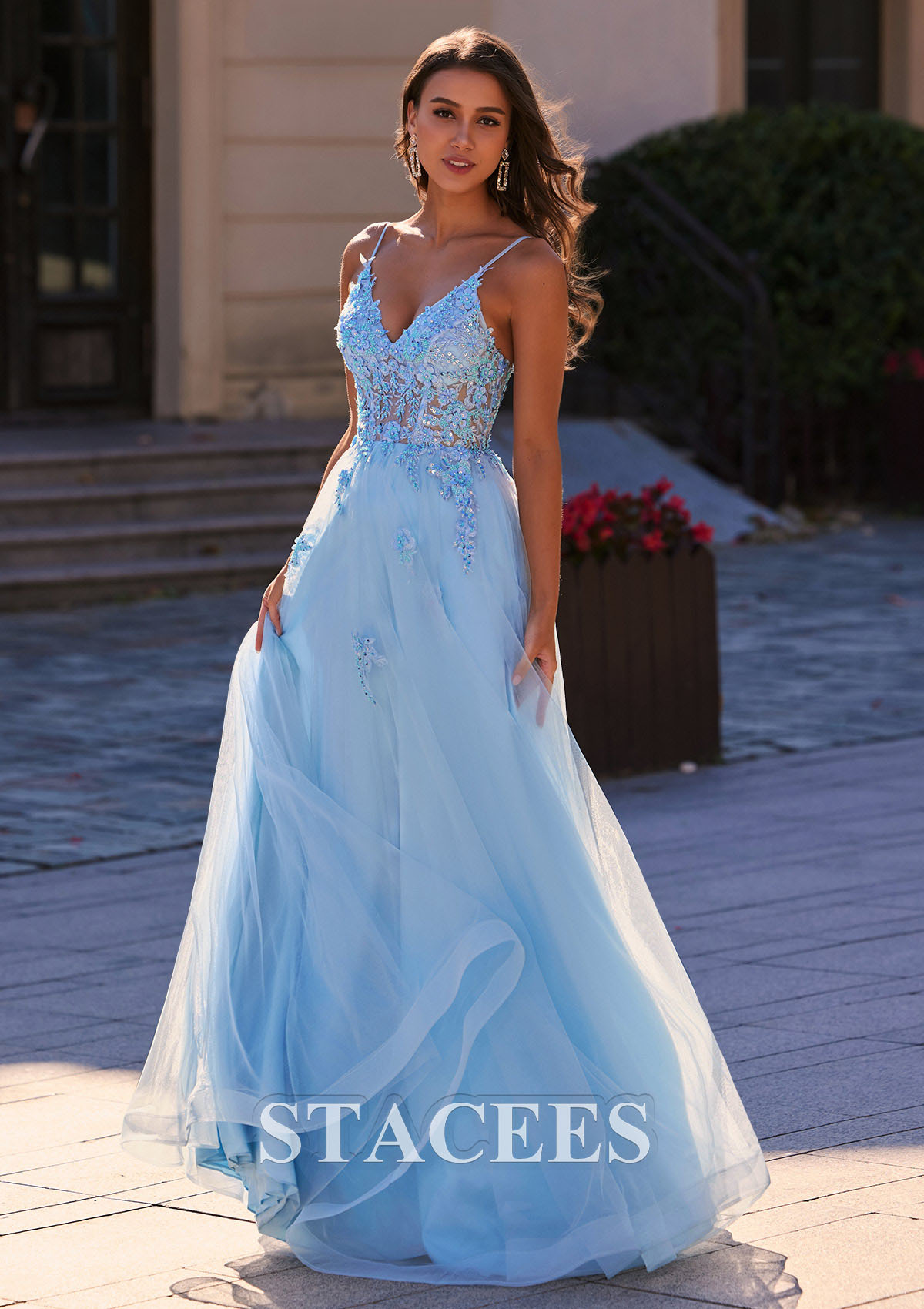 Sky Blue Vestido línea a escote en v tul hasta el suelo vestido de graduación - STACEES