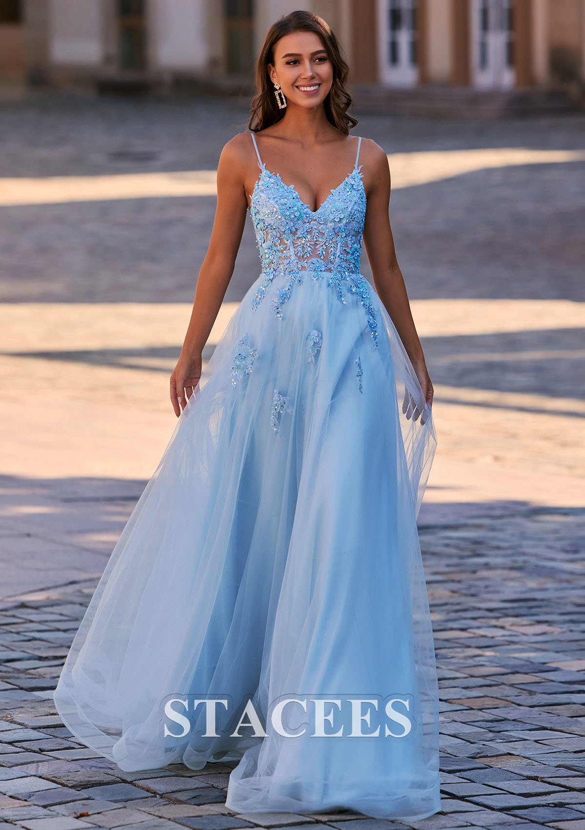 Sky Blue Vestido línea a escote en v tul hasta el suelo vestido de graduación - STACEES