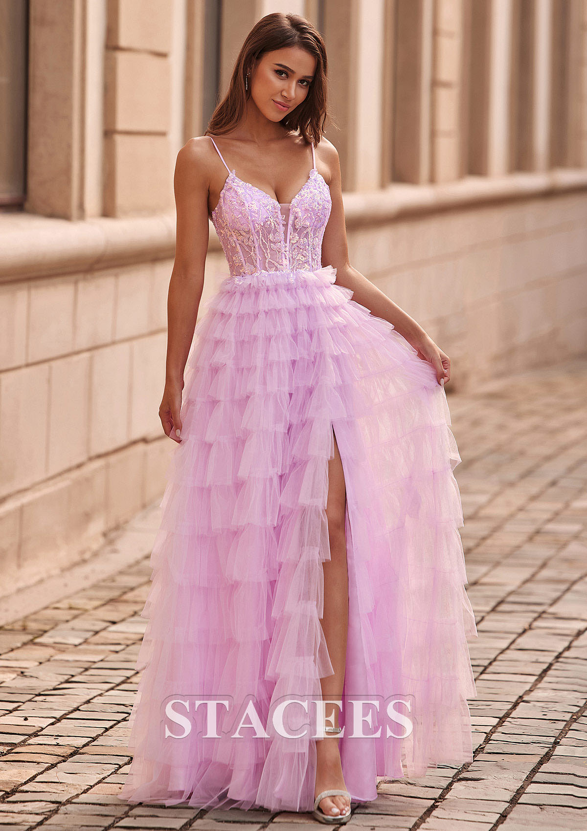 Lilac A-line V Neck Tiered Ruffled Slit Floor-Length Prom Dress with Sequins - STACEES