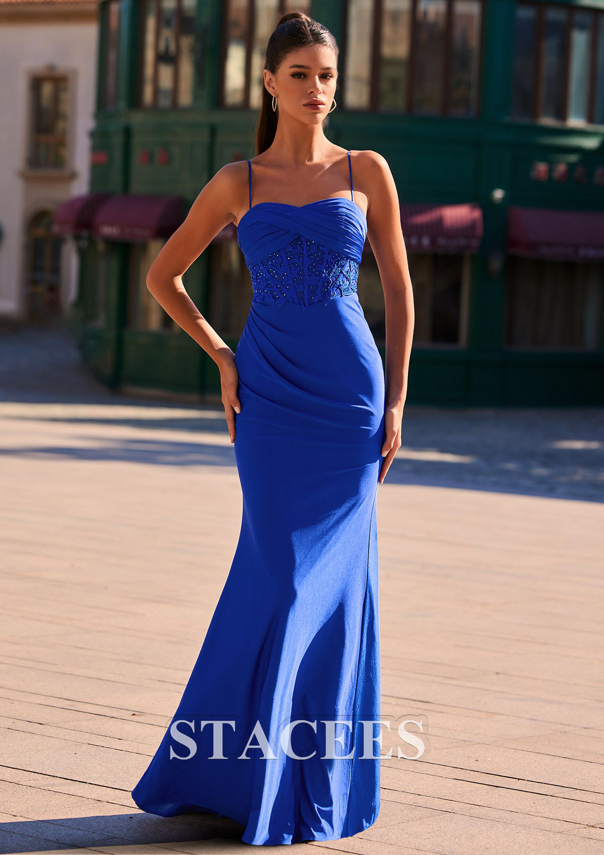 Royal Blue Slim Square Neckline Jersey Applique Pleated Prom Dress - STACEES