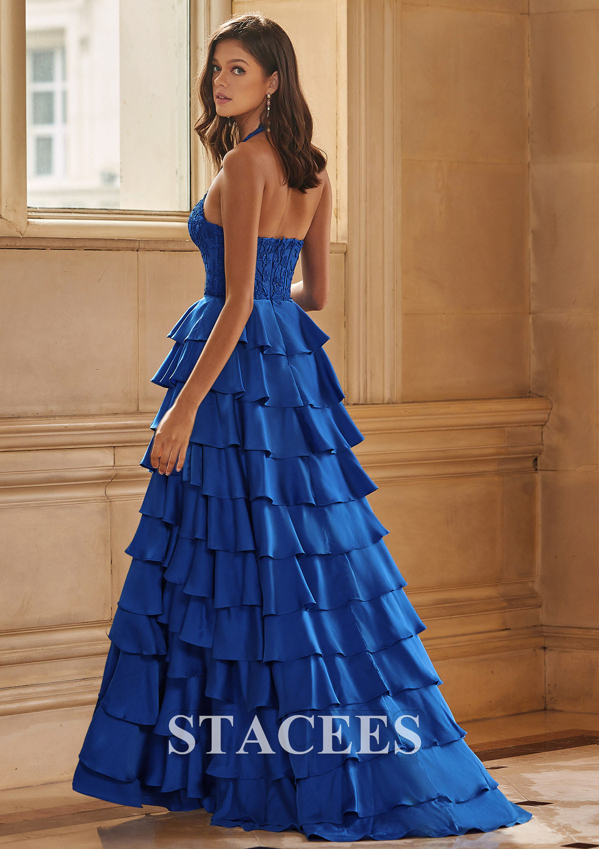 Royal Blue A-line Sweep Train Halter Lace Corset Tiered Prom Dress with Ruffles Slit - STACEES