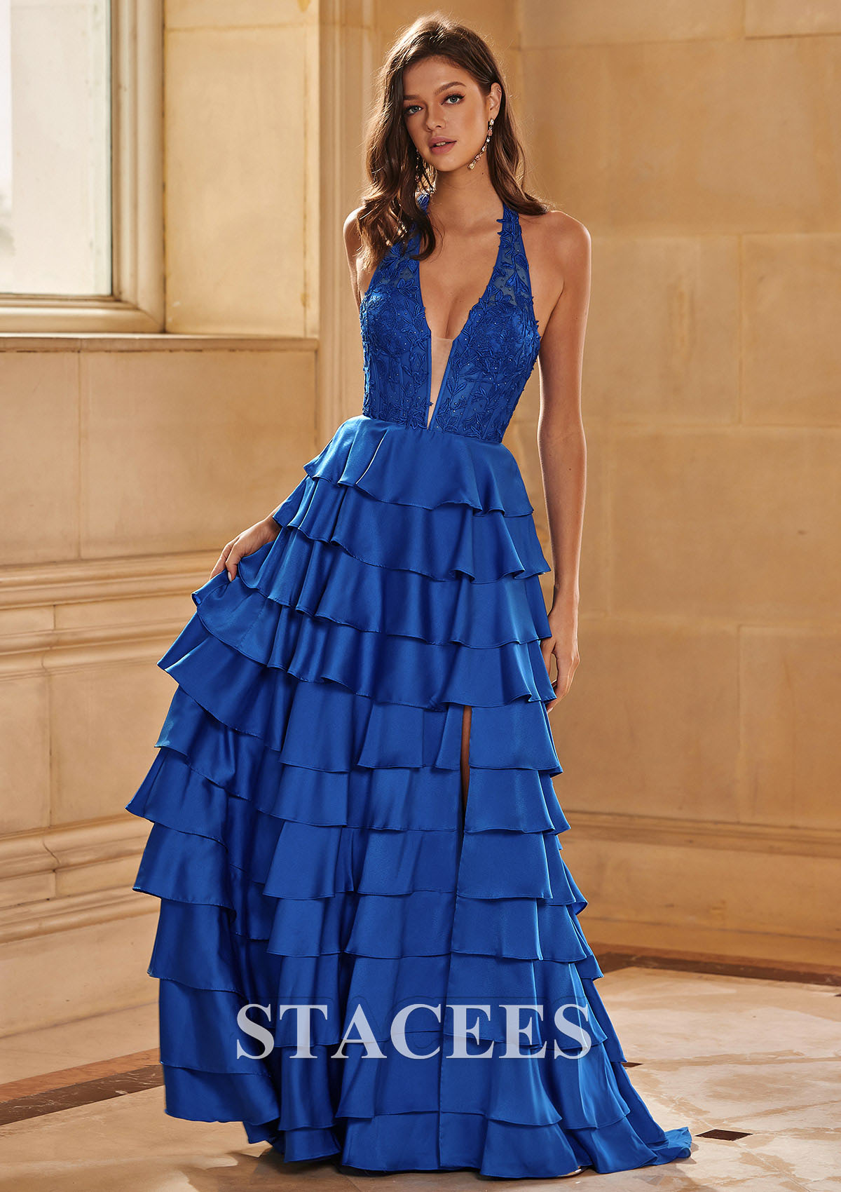 Royal Blue A-line Sweep Train Halter Lace Corset Tiered Prom Dress with Ruffles Slit - STACEES