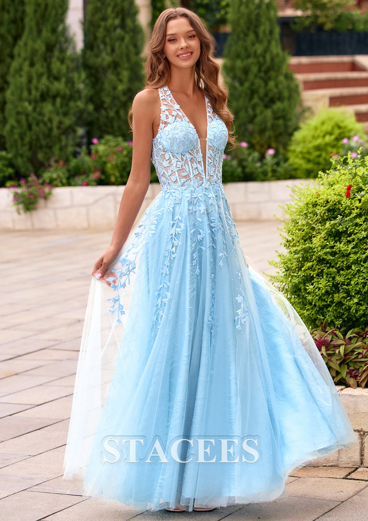 Sky Blue A-line Plunge Halter Beading Leaf Lace Illusion Corset Prom Dress - STACEES