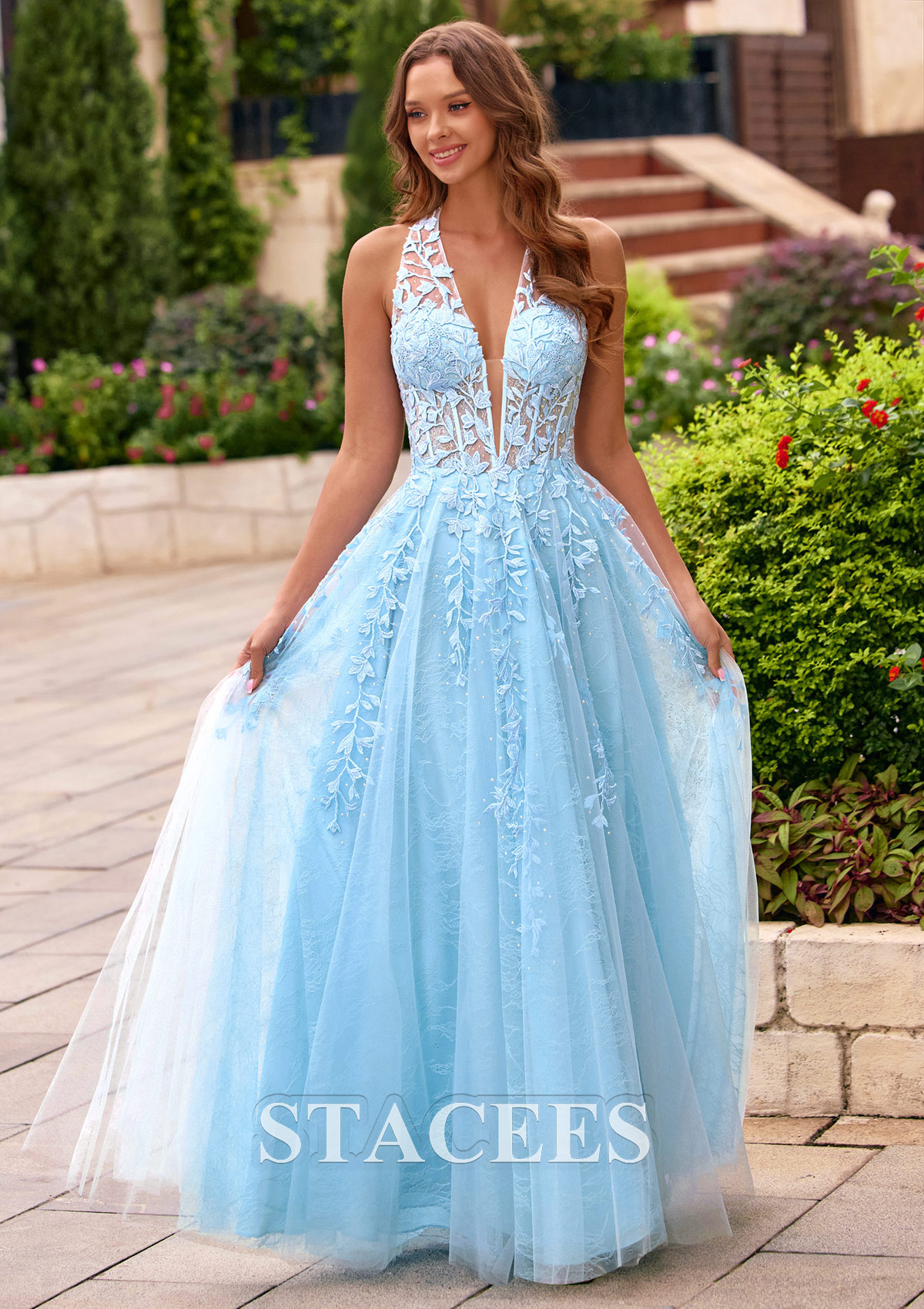 Sky Blue A-line Plunge Halter Beading Leaf Lace Illusion Corset Prom Dress - STACEES