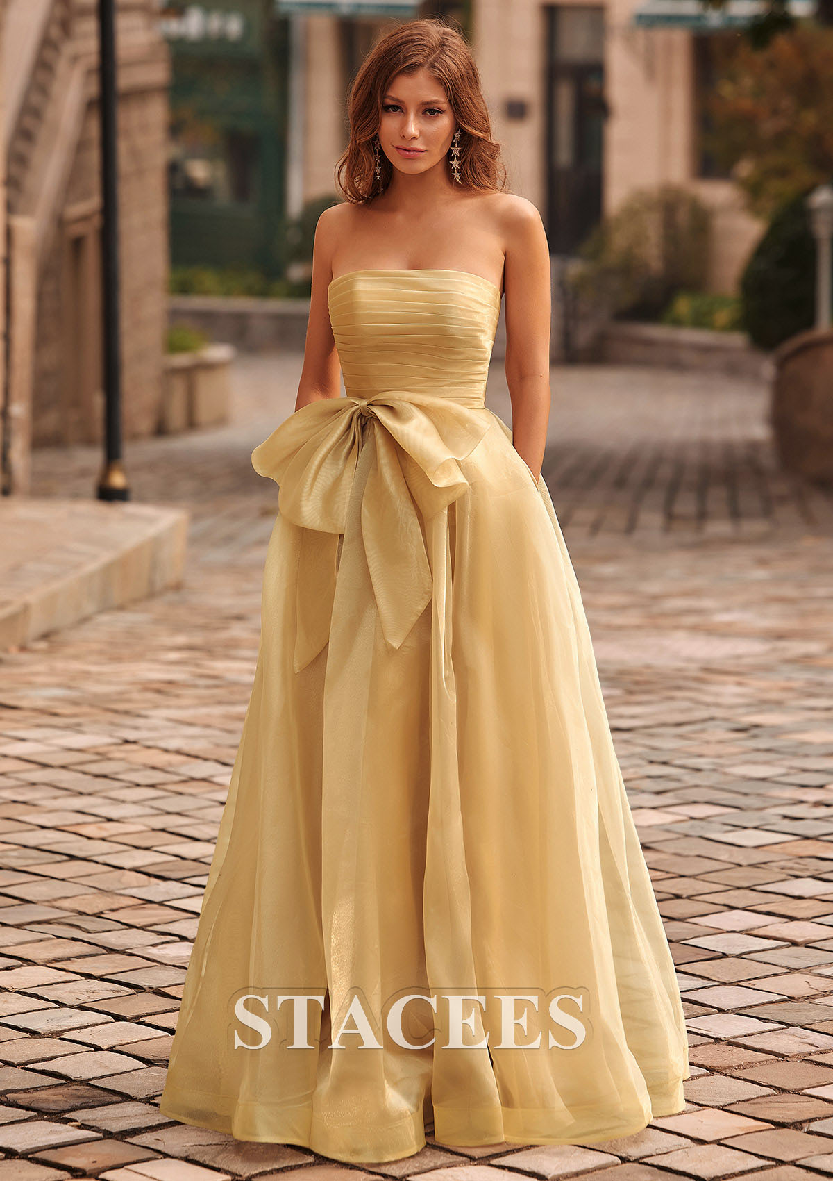 Gold Shiny A-line Organza Pleated Strapless Prom Dress with Bow Pockets - STACEES