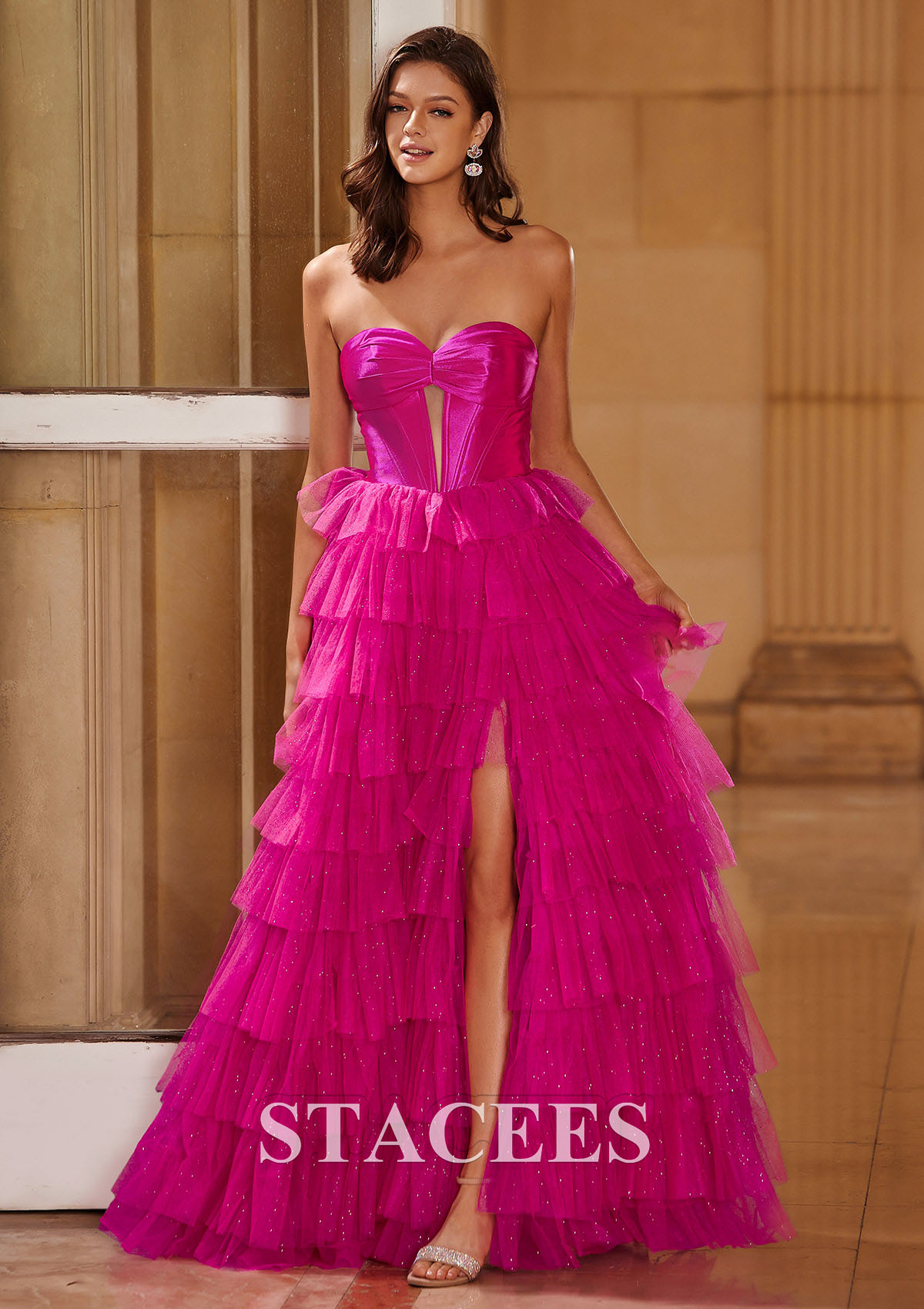 Fuchsia Trapèze princesse cache coeur tulle ras du sol robe de bal  - STACEES