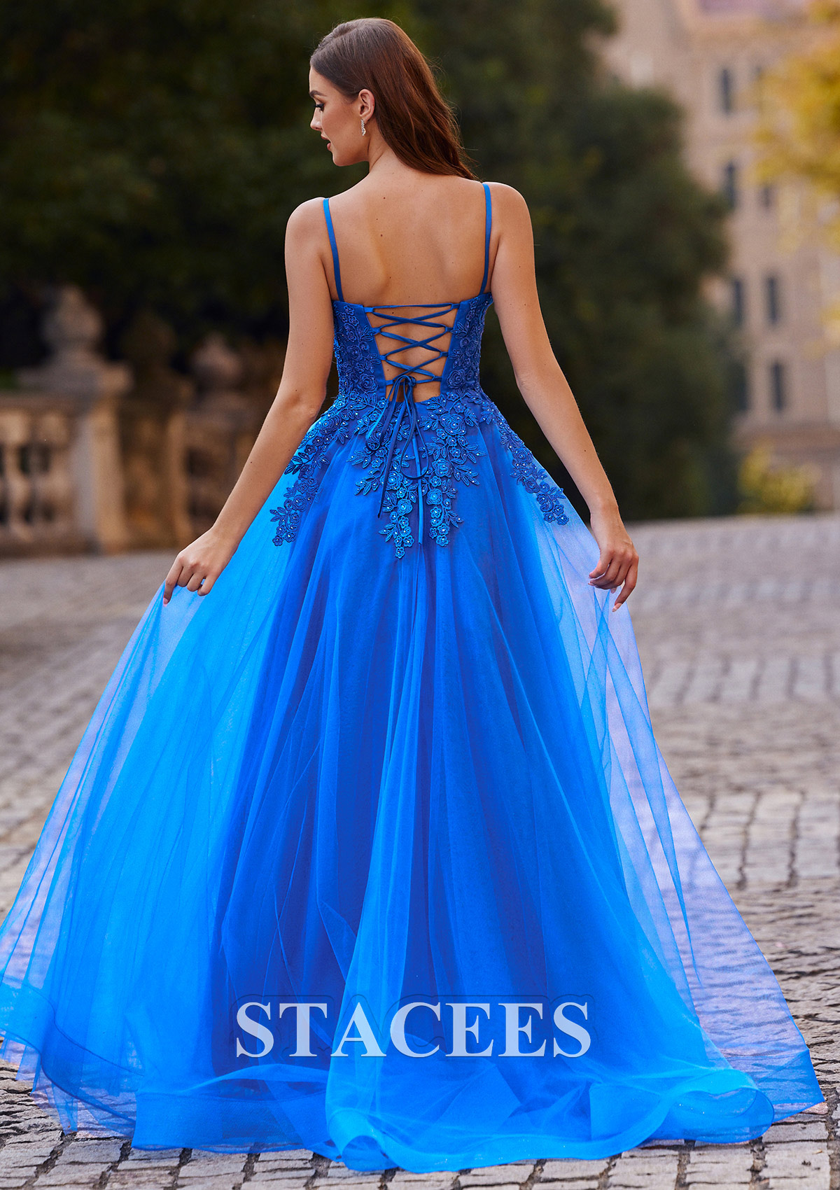 Ocean Blue A-line Princess V Neck Sweep Train Tulle Prom Dress with Appliqued Beading - STACEES