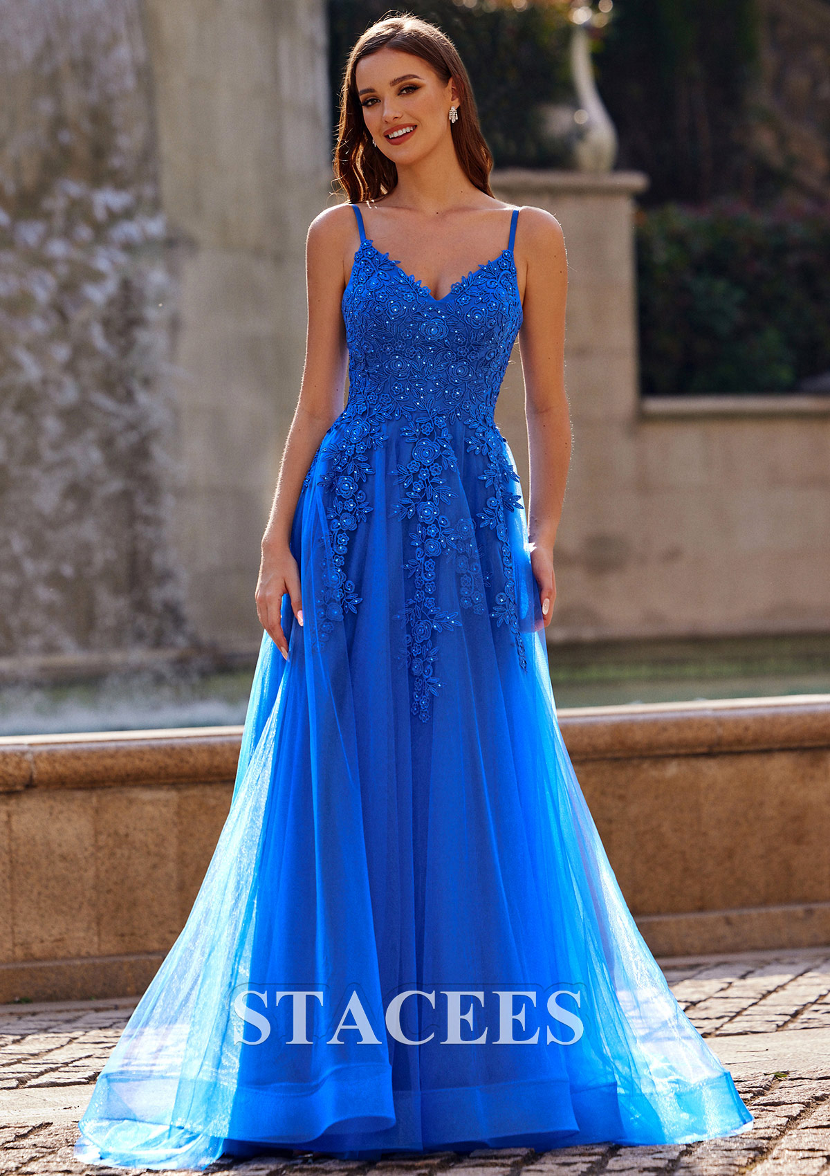 Ocean Blue A-line Princess V Neck Sweep Train Tulle Prom Dress with Appliqued Beading - STACEES