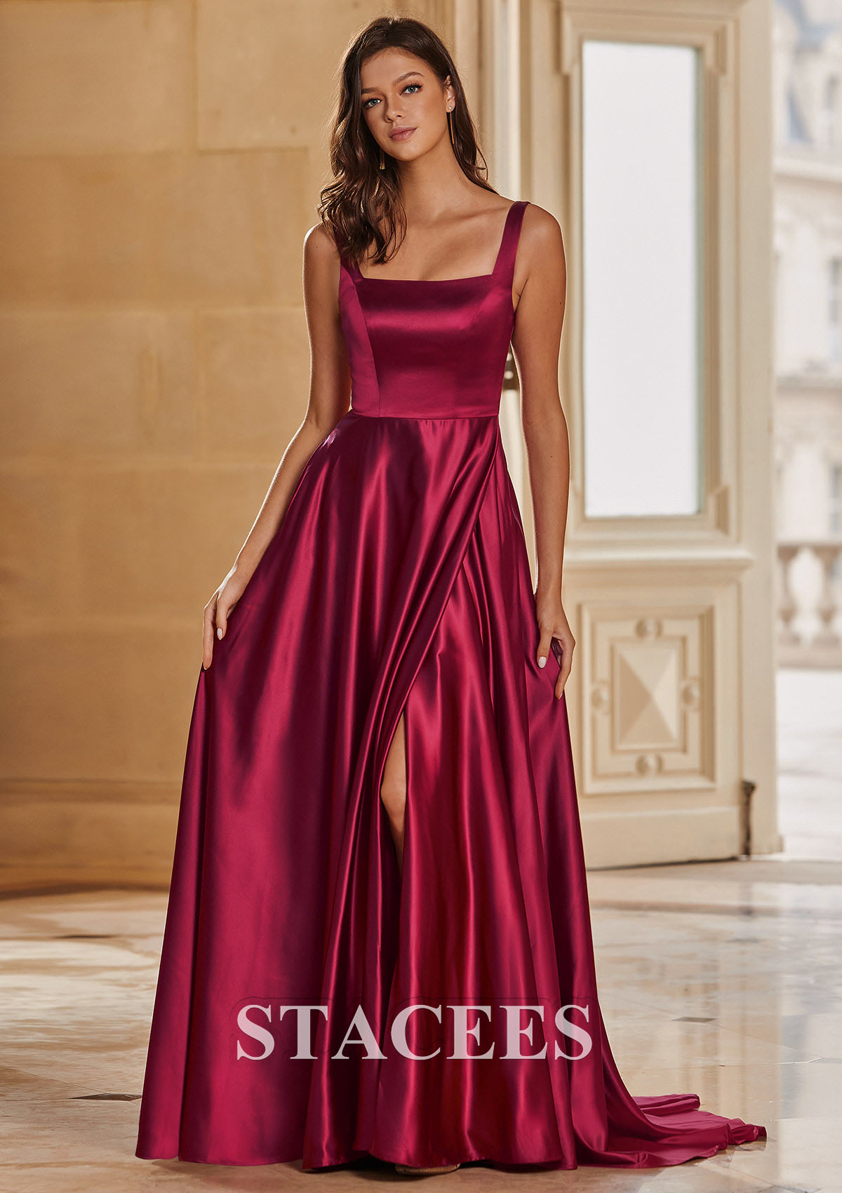 Burgundy Vestido línea a cuello cuadrado satén barrer tren vestido de graduación - STACEES
