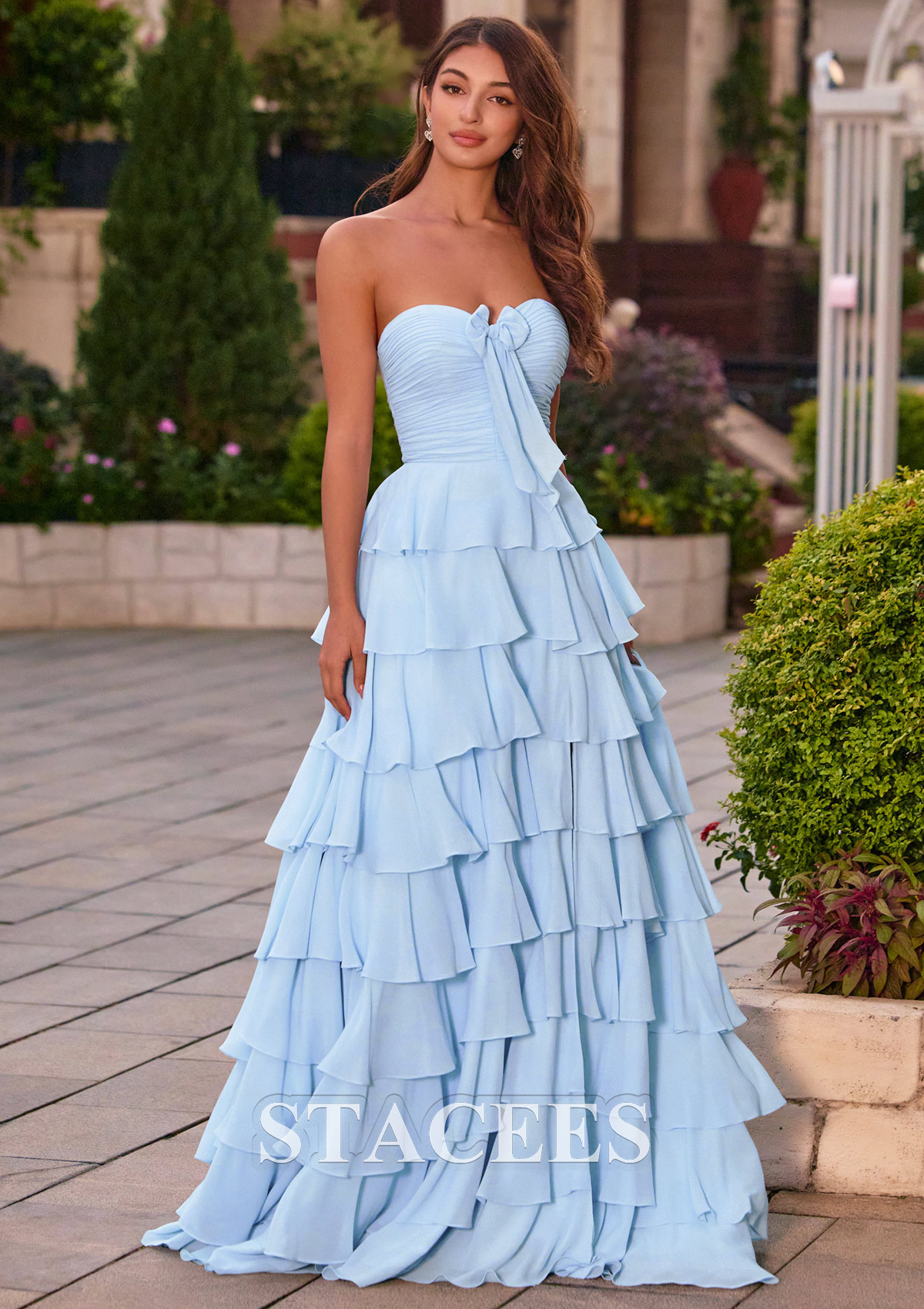 light blue ruffle dress A-line Strapless Tiered Chiffon Prom with Front Slit and Bow S8855PI - Prom Dresses Petal and Pup Women's YGroup_clothing_palermo Size:S (6-8) Dress Measures 16