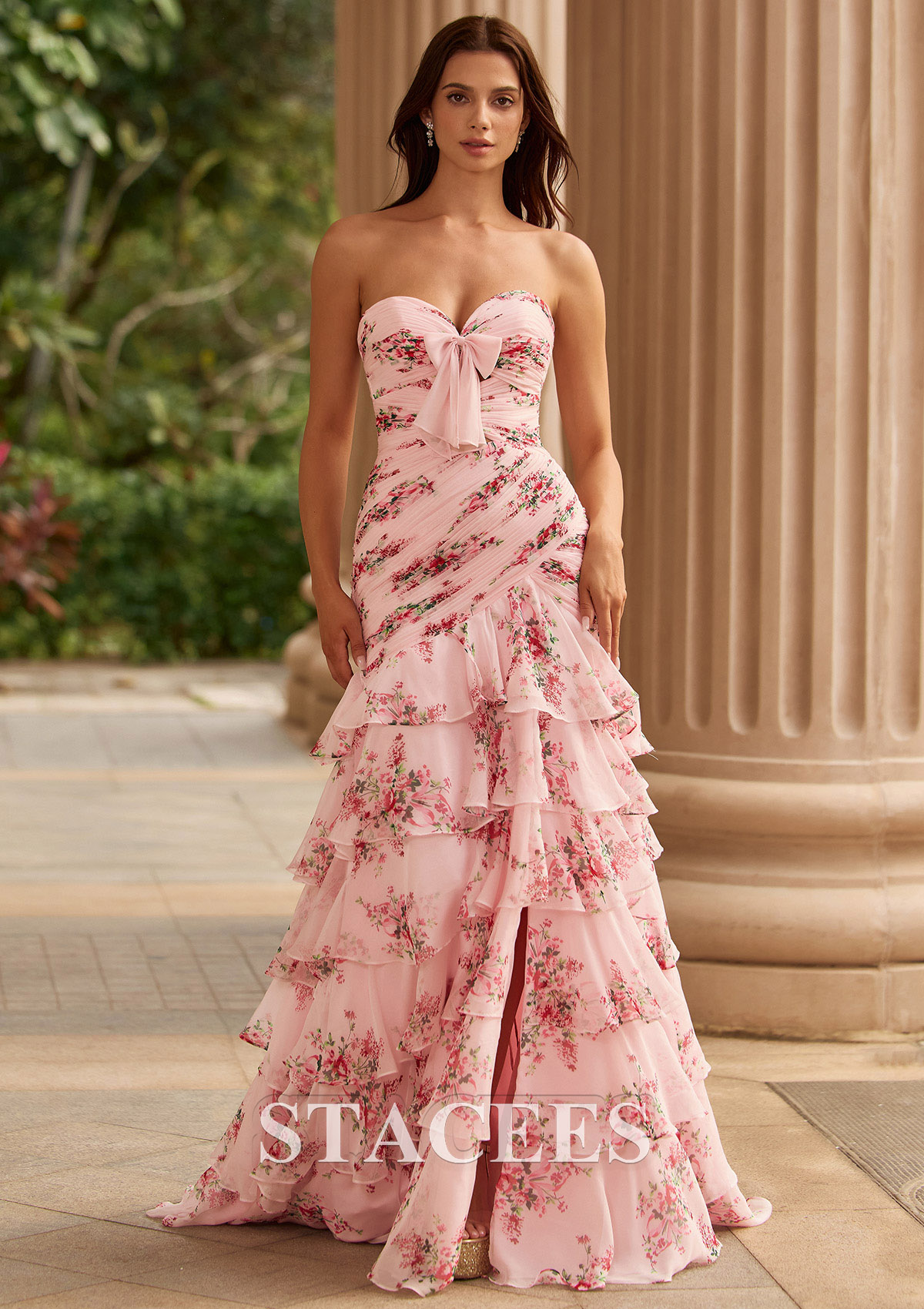 Blushing Pink Floral A-line Pleated Strapless Floral Print Chiffon Ruffle Tiered Prom Dress with Bow - STACEES