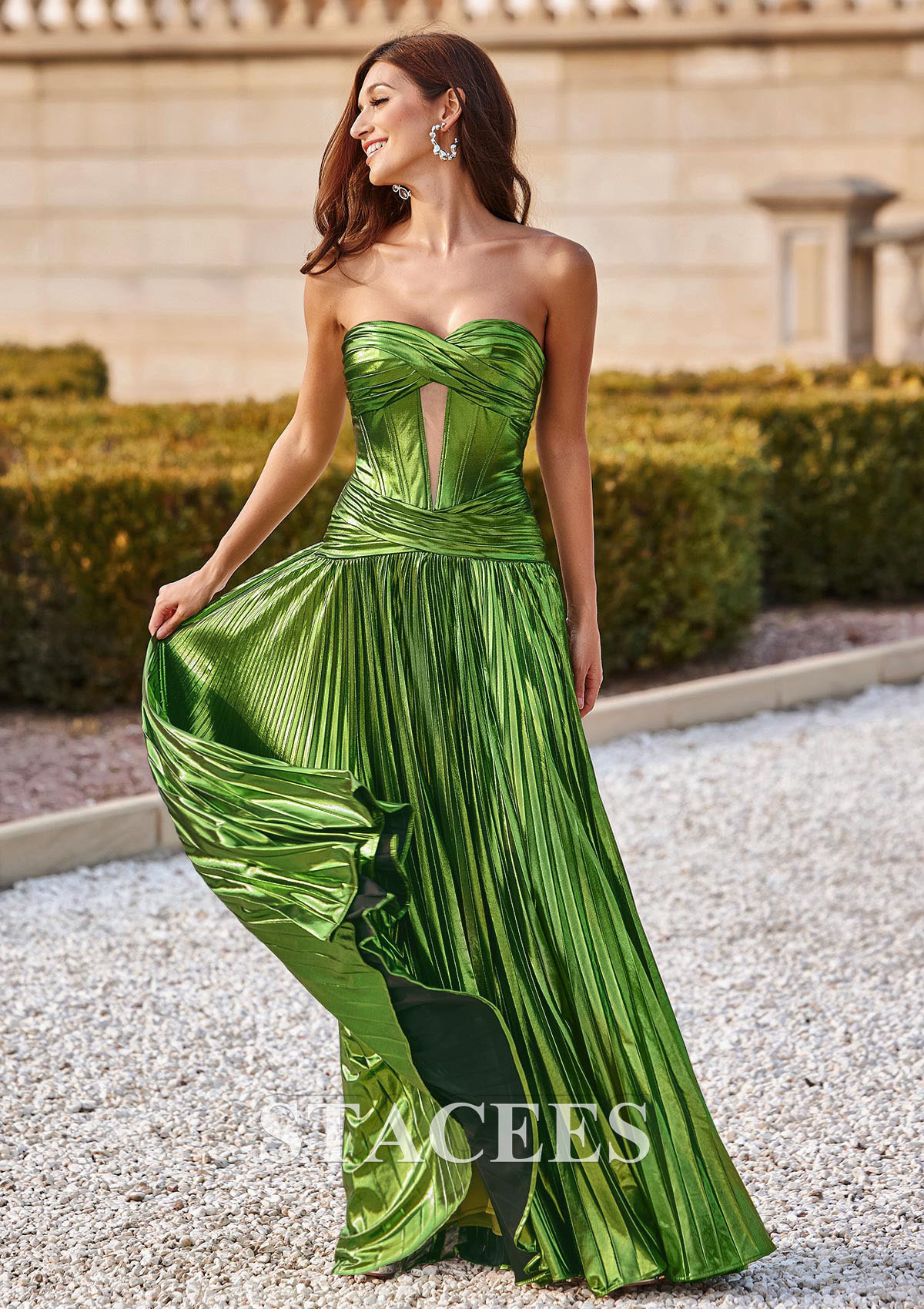 Lime Green A-line Strapless Metallic Corset Pleaded Slit Prom Dress - STACEES