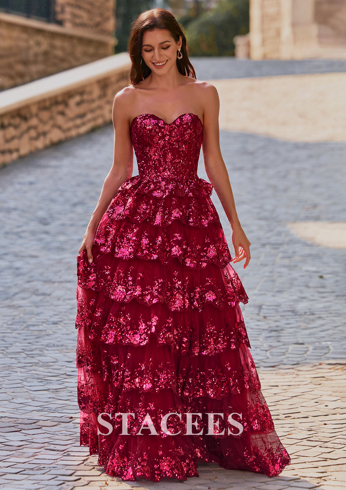 Burgundy A-line Strapless Sweetheart Sequin Tiered Ruffle Prom Dress with Slit - STACEES