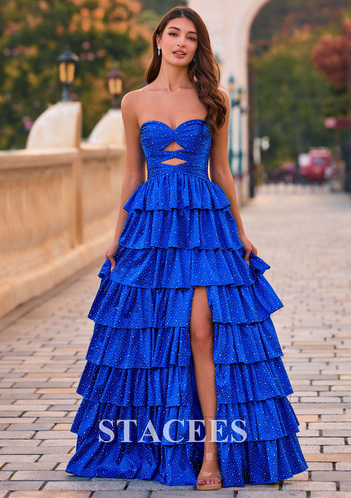 Royal Blue Sparkle Hot Fix A-line Strapless Ruffle Prom Dress with Keyhole and Slit - STACEES