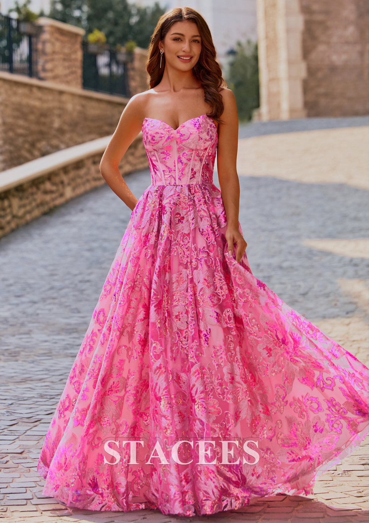 Candy Pink Sparkly A-line Strapless Floral Sequined Floor-Length Pockets Prom Dress - STACEES