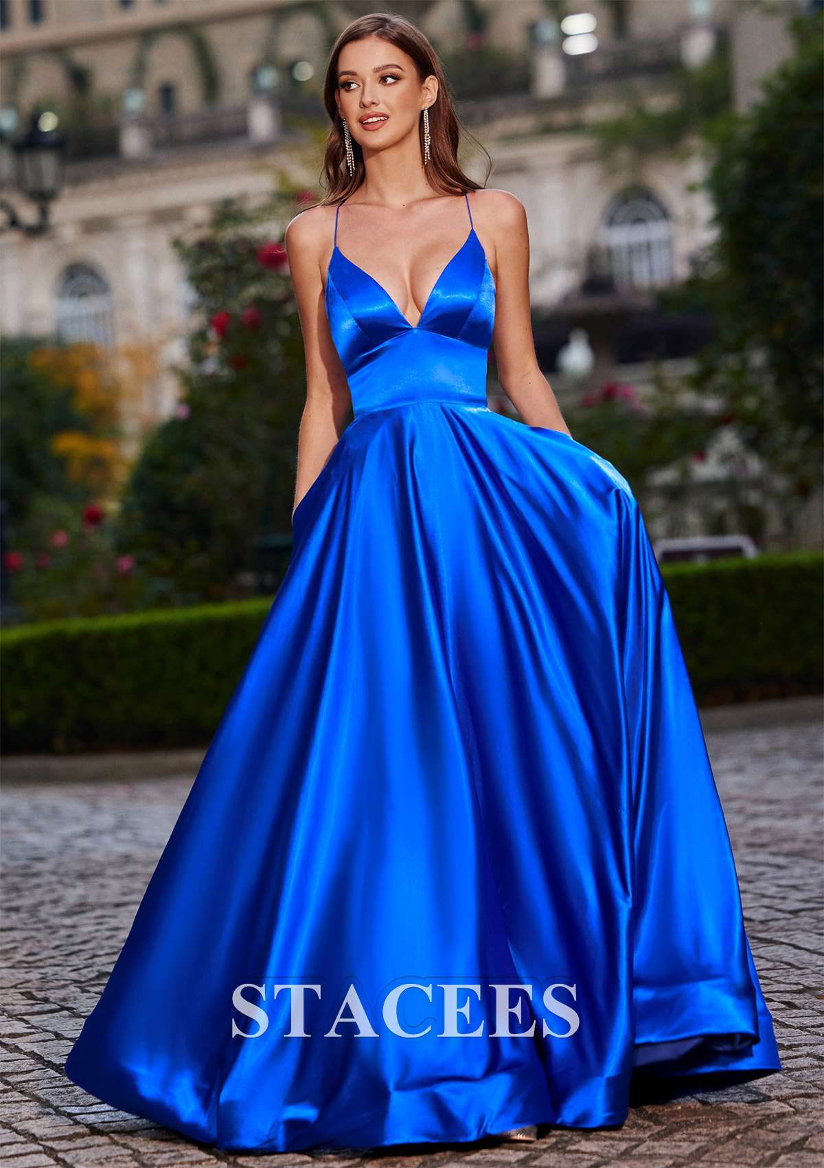 Royal Blue Vestido línea a escote en v tela charmeuse hasta el suelo vestido de graduación - STACEES