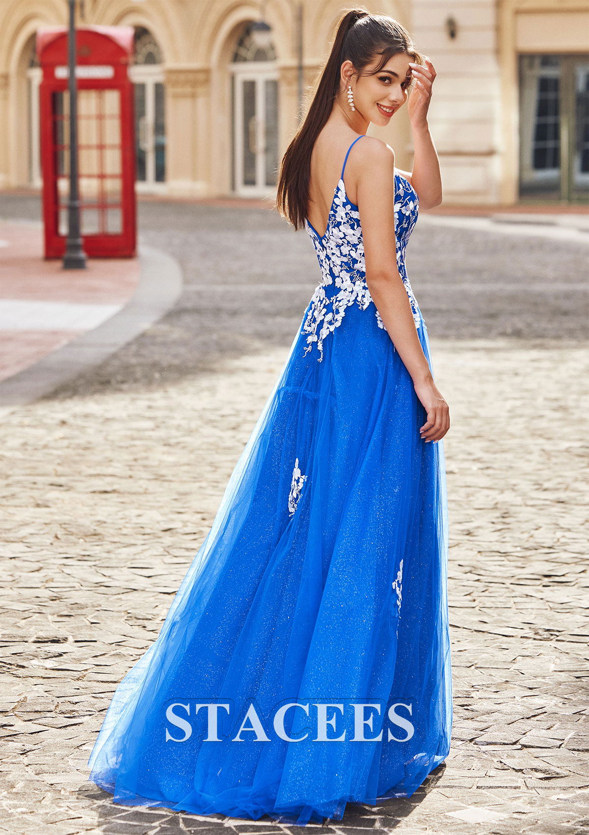 Ocean Blue Vestido línea a escote en v tul hasta el suelo vestido de graduación - STACEES
