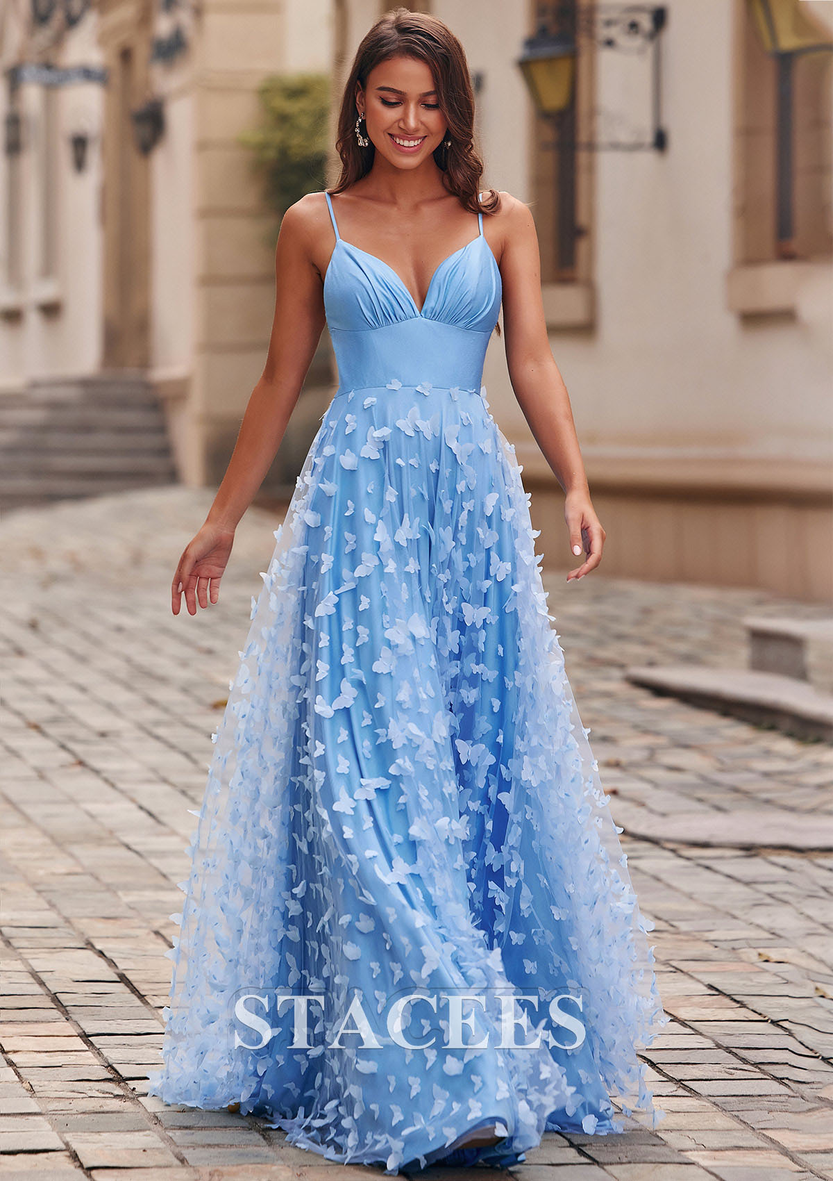 Sky Blue Vestido línea a escote en v tul hasta el suelo vestido de graduación - STACEES