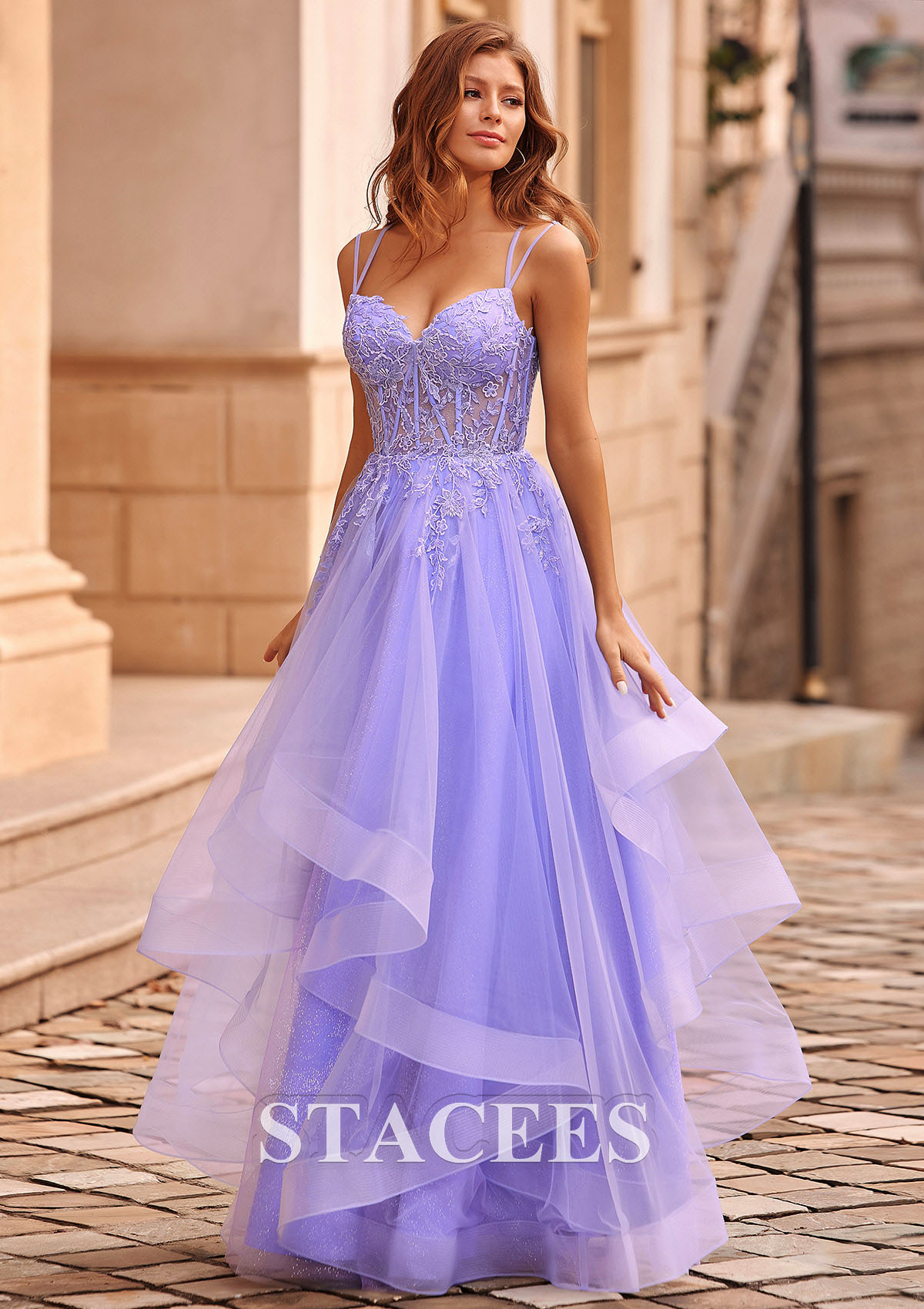 As Picture A-line V Neck Tulle Floor-Length Prom Dress with Appliqued Ruffles Glitter - STACEES