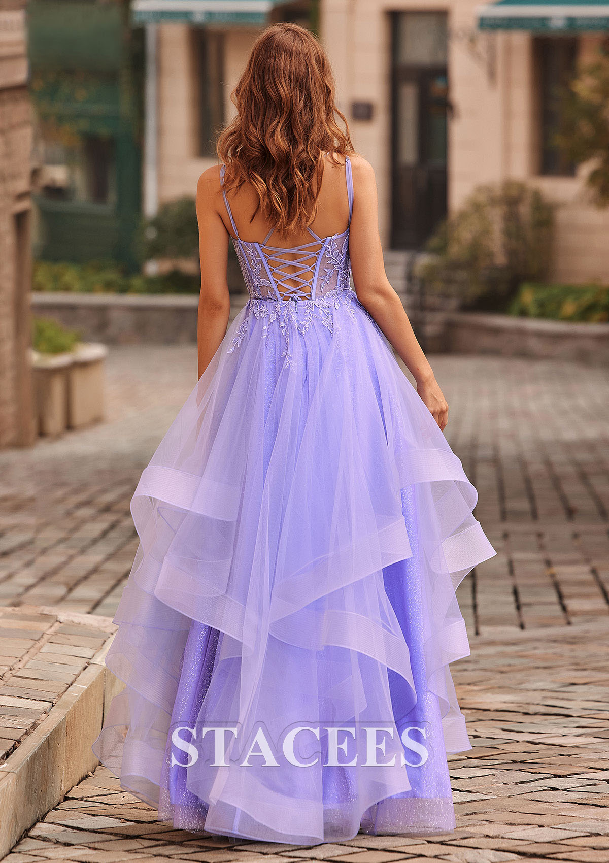 As Picture A-line V Neck Tulle Floor-Length Prom Dress with Appliqued Ruffles Glitter - STACEES