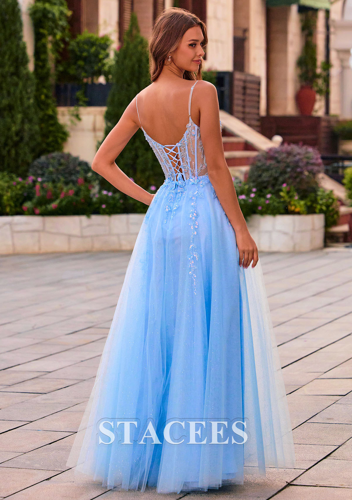 Bleu Ciel Trapèze col en v tulle longueur ras du sol robe de bal avec paillettes fendue - STACEES