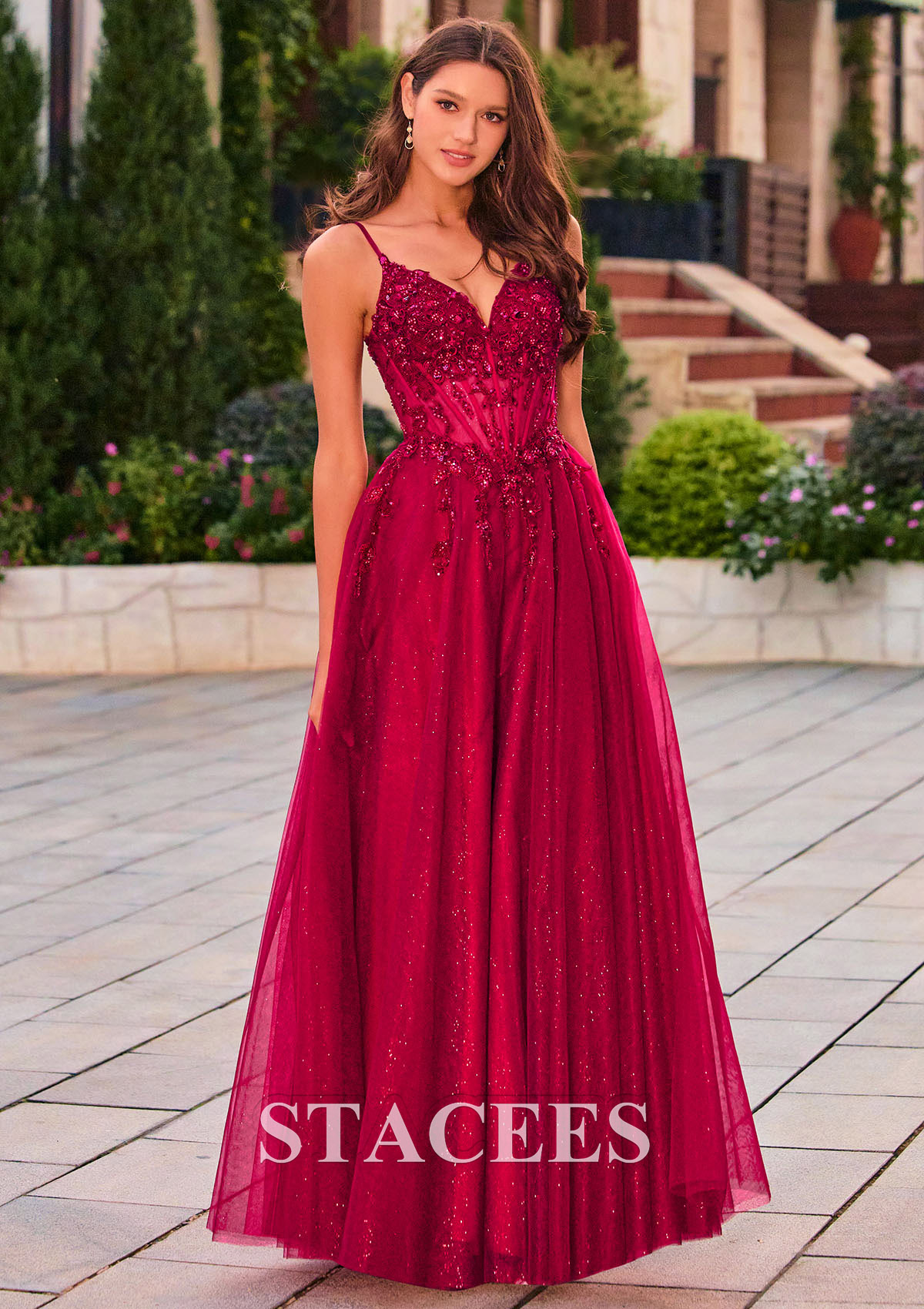 Bordeaux Trapèze col en v tulle longueur ras du sol robe de bal avec paillettes fendue - STACEES