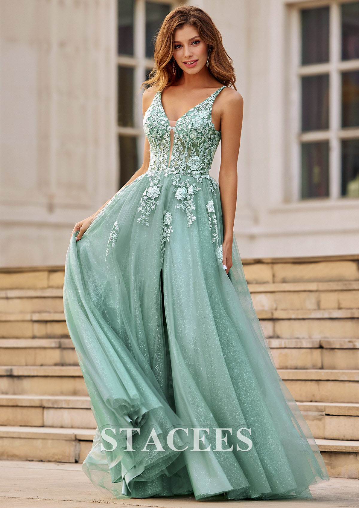 As picture A-line V Neck Tulle Sweep Train Prom Dress with Appliqued Sequins Split Glitter - STACEES