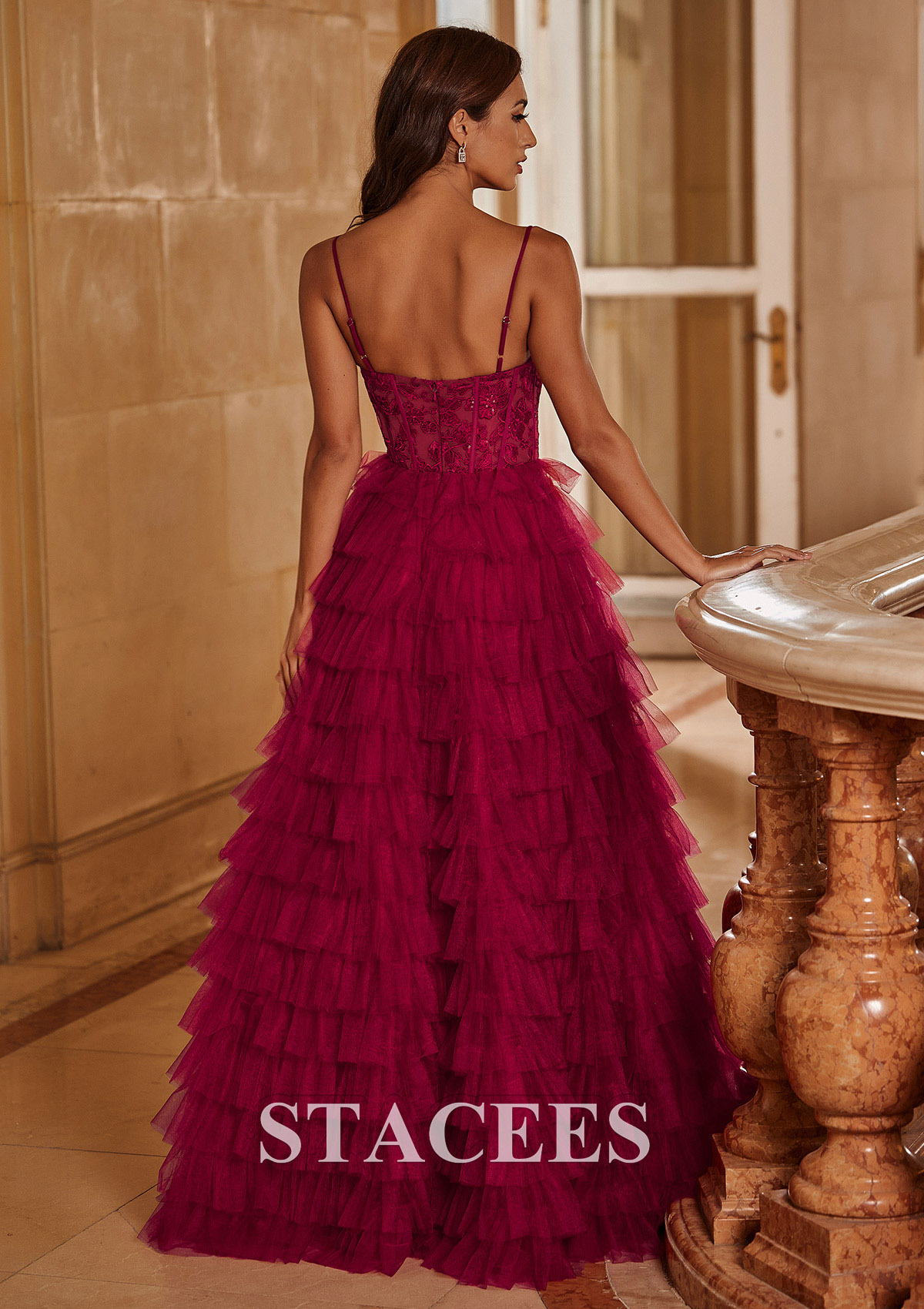 Burgundy  Ball Gown Sequined Lace Bodice Ruffled Tiered Floor-Length Prom Dress - STACEES