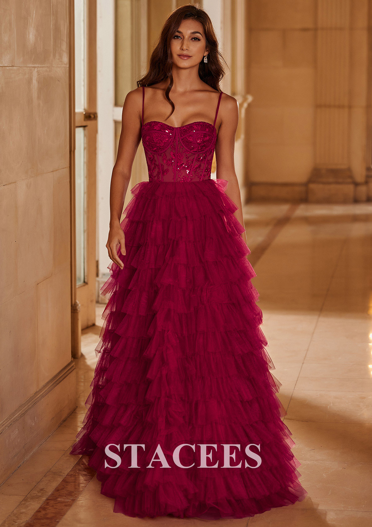 Burgundy  Ball Gown Sequined Lace Bodice Ruffled Tiered Floor-Length Prom Dress - STACEES