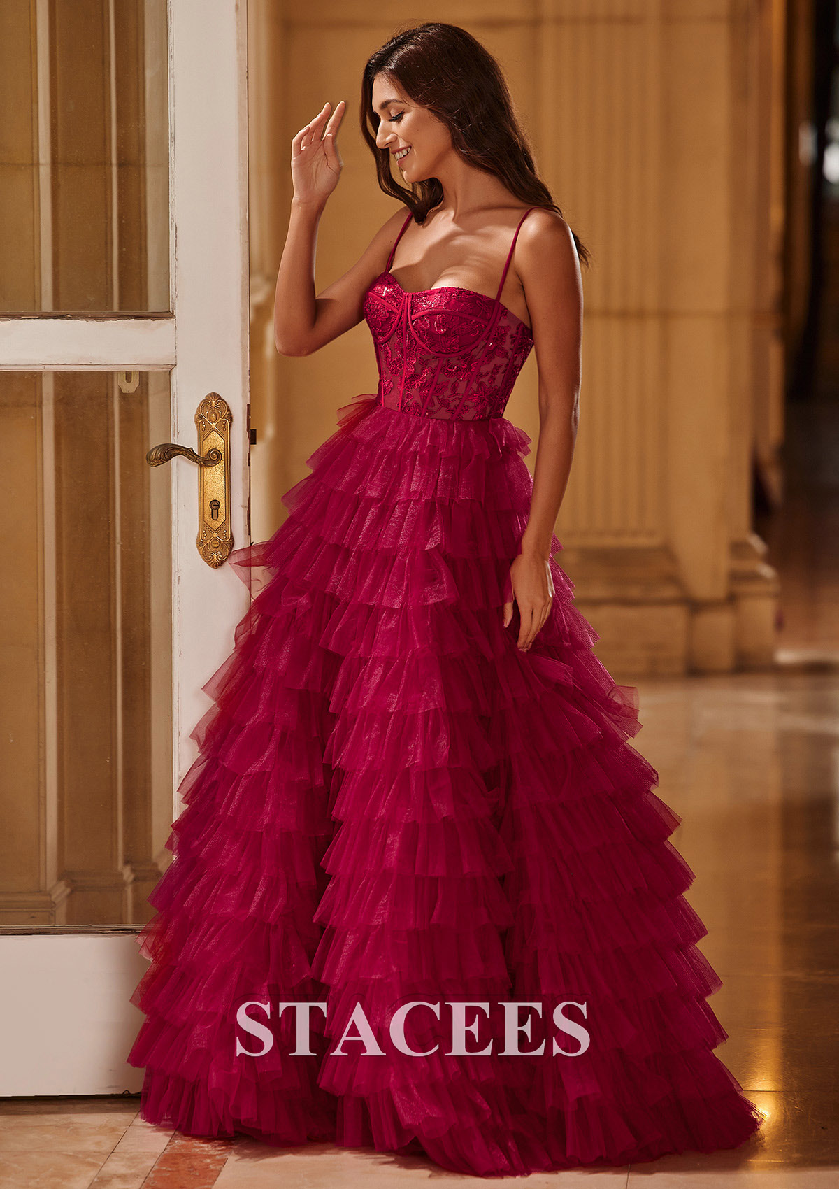 Burgundy  Ball Gown Sequined Lace Bodice Ruffled Tiered Floor-Length Prom Dress - STACEES