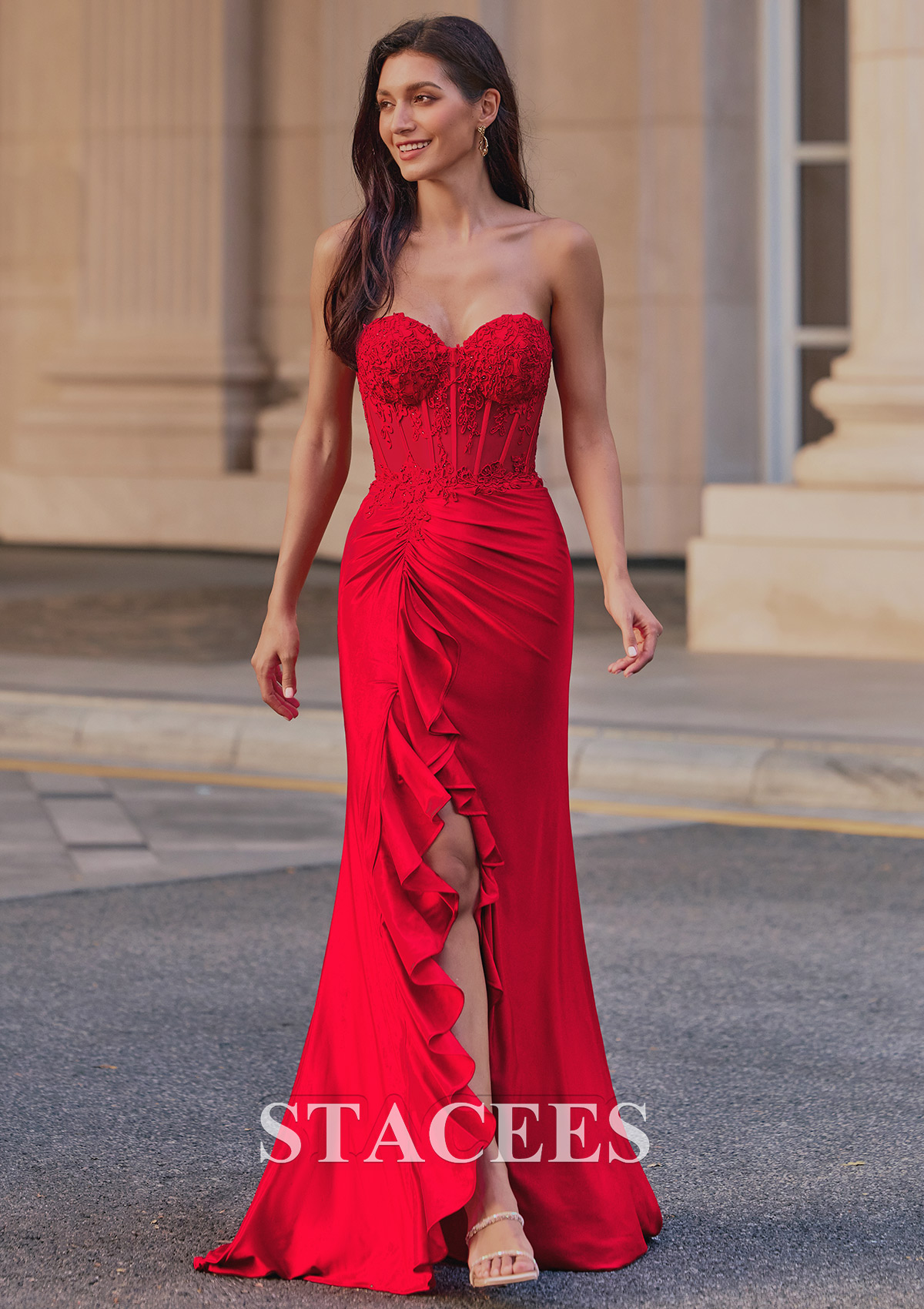 Rouge Trumpette/Sirène cache coeur jersey traîne balayage robe de bal avec appliqué volants fendue - STACEES