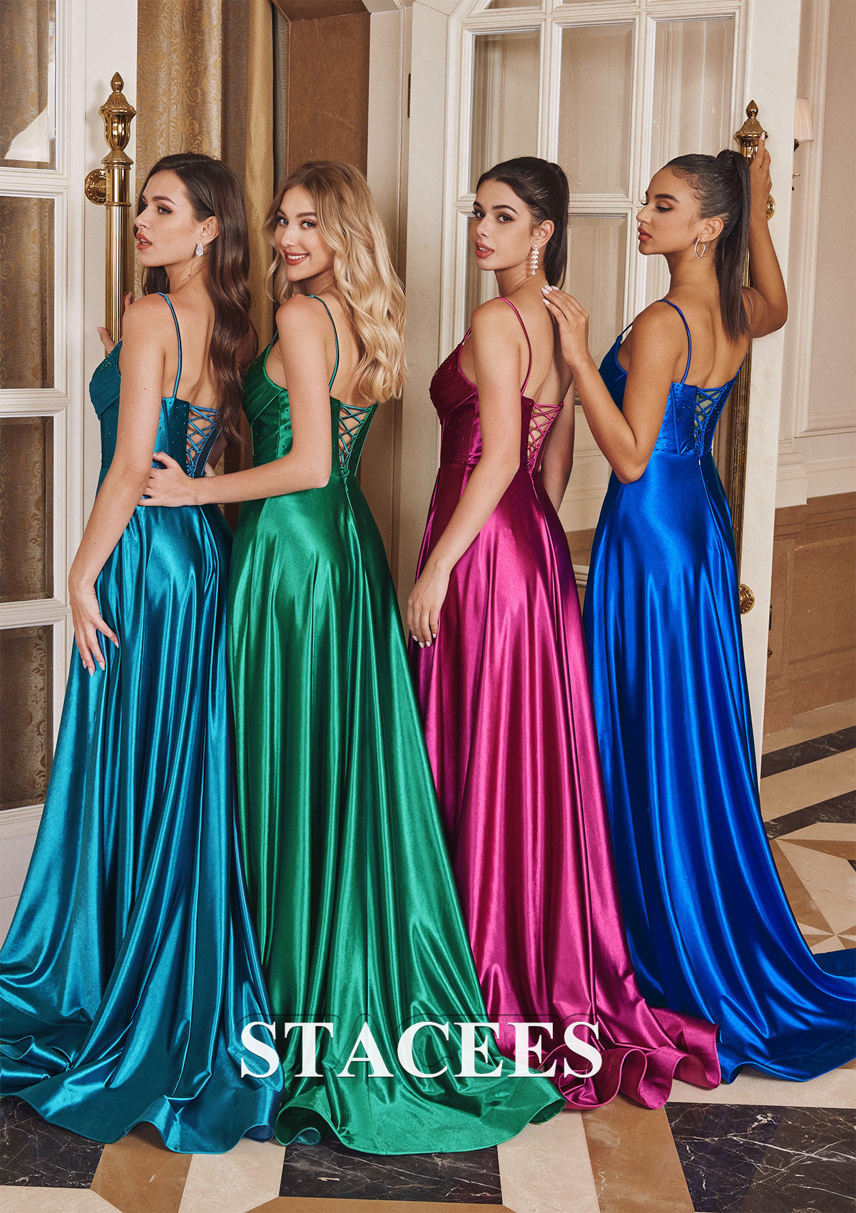  A-line Cowl Neck Sleeveless Sweep Train Silk like Satin Prom Dress with Beading Pleated Split - STACEES
