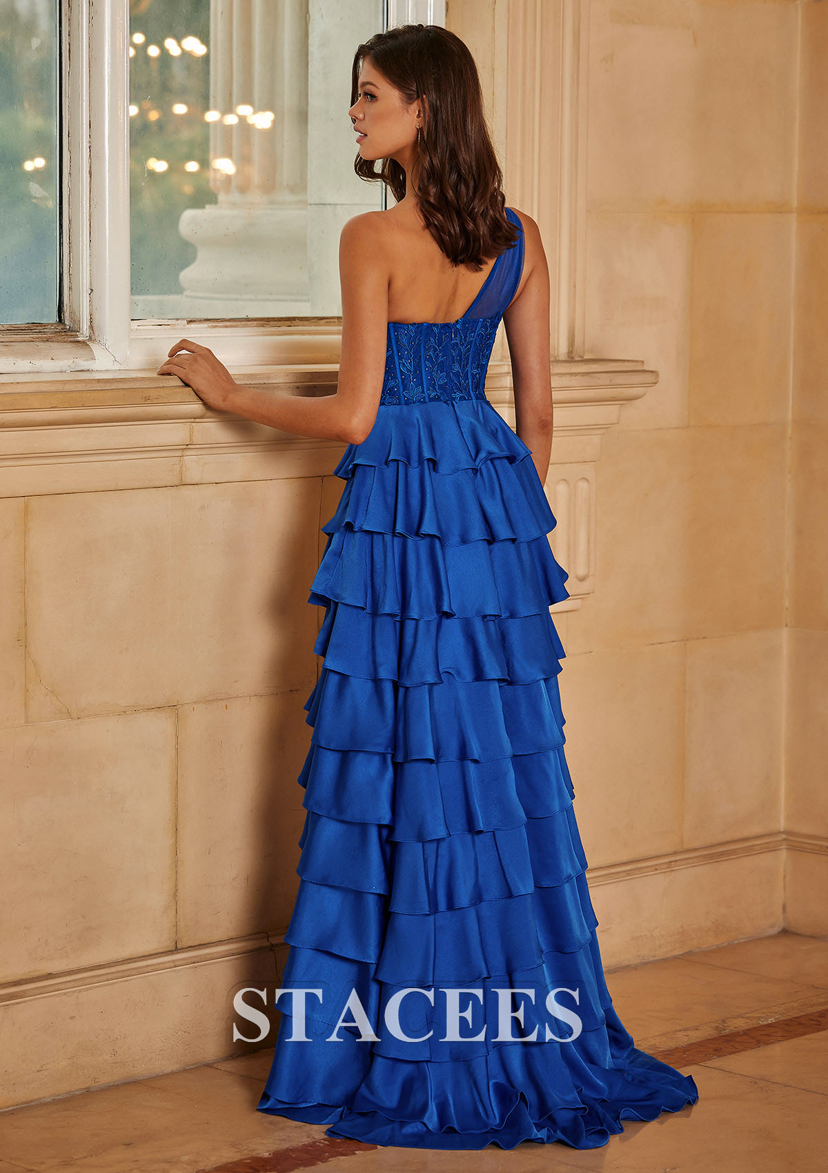 Royal Blue A-line One-Shoulder Stretch Satin Sweep Train Ruffle Slit Prom Dress with Beaded Appliques - STACEES