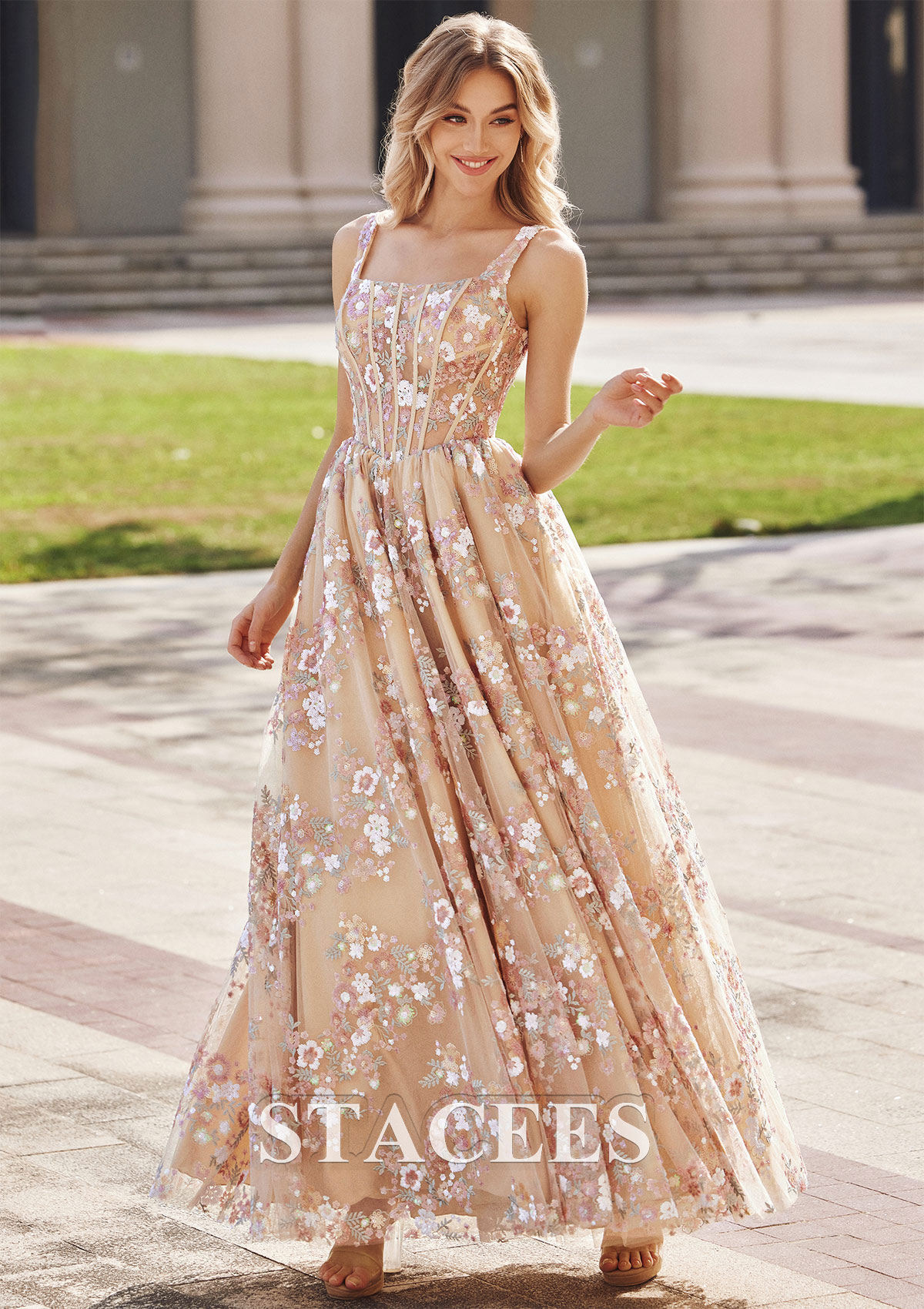 Champagne A-line Square Neckline Sleeveless Floor-Length Tulle Prom Dress with Sequins - STACEES