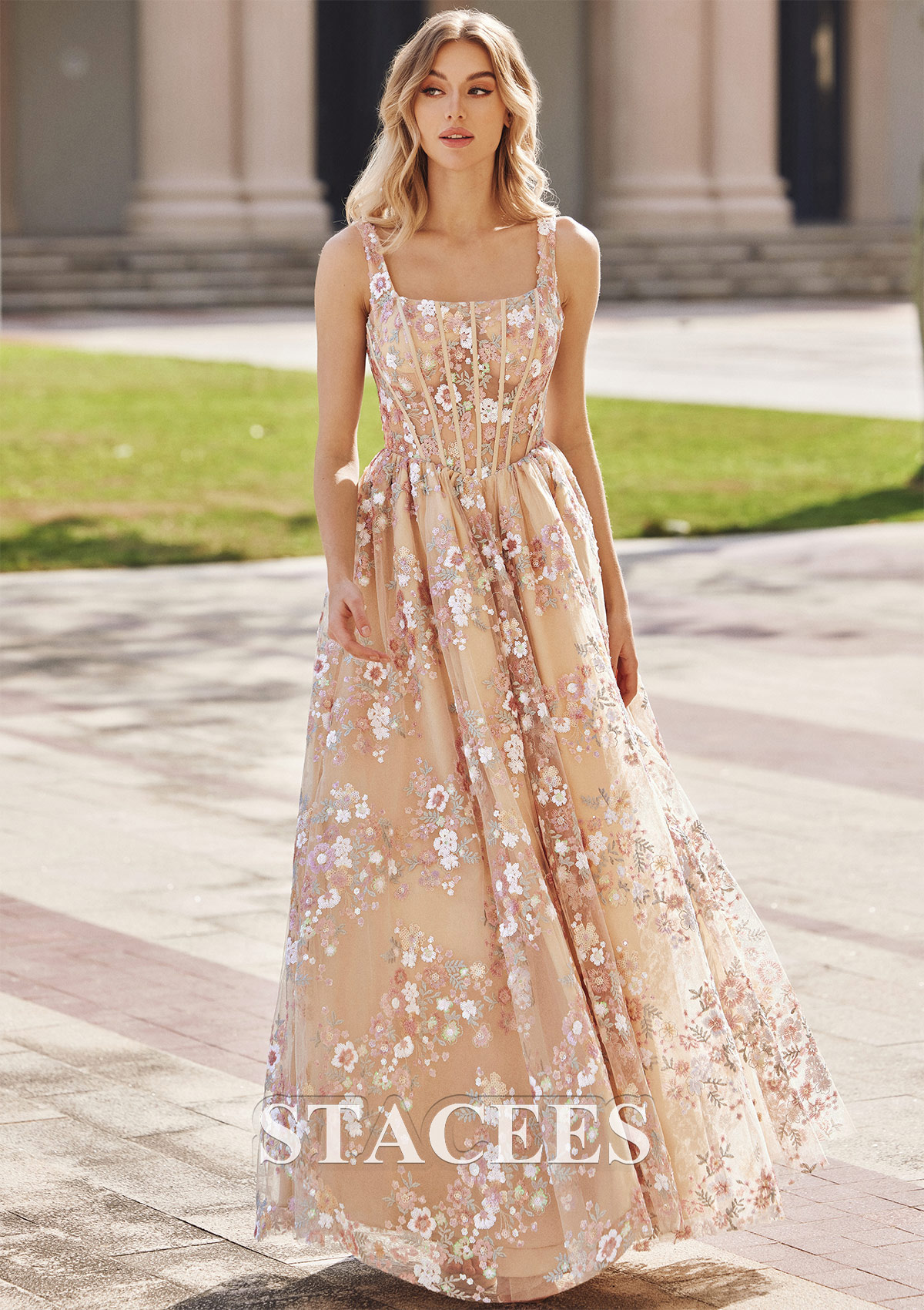 Stacees Prom Dress A-line Square Neckline Tulle Sequins