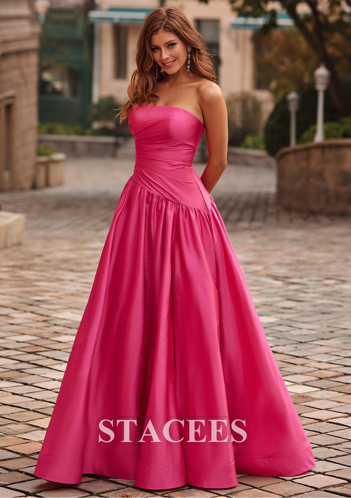 Hot Pink A-line Square Neckline Taffeta Sweep Train Prom Dress with Pleated Split - STACEES