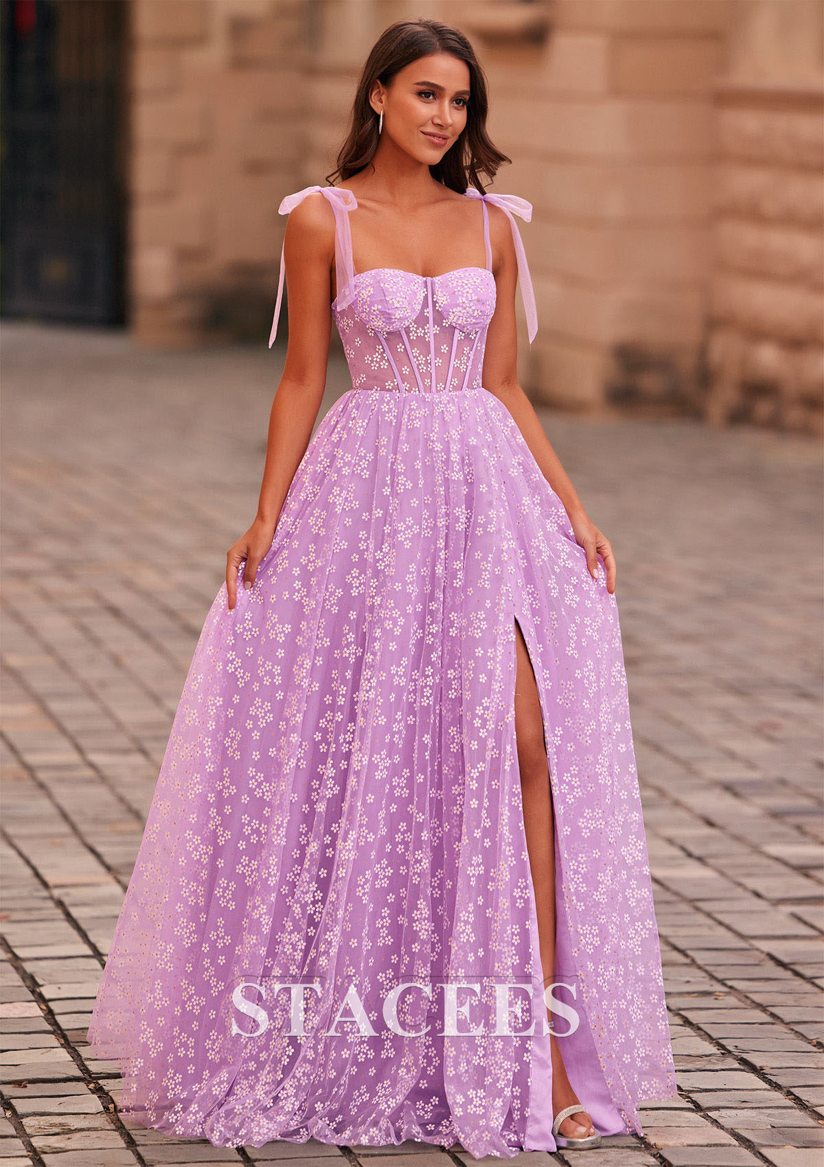 Lilac A-line Floral Printed Sheer Corset Slit Long Prom Dress With Adjustable Straps - STACEES