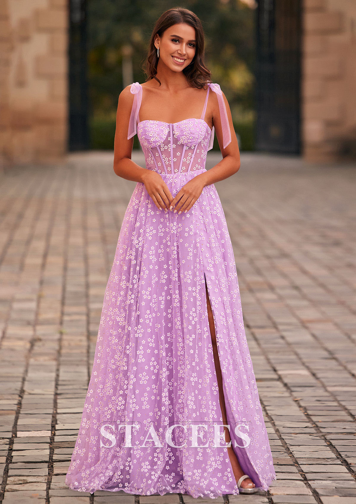 Lilac A-line Floral Printed Sheer Corset Slit Long Prom Dress With Adjustable Straps - STACEES