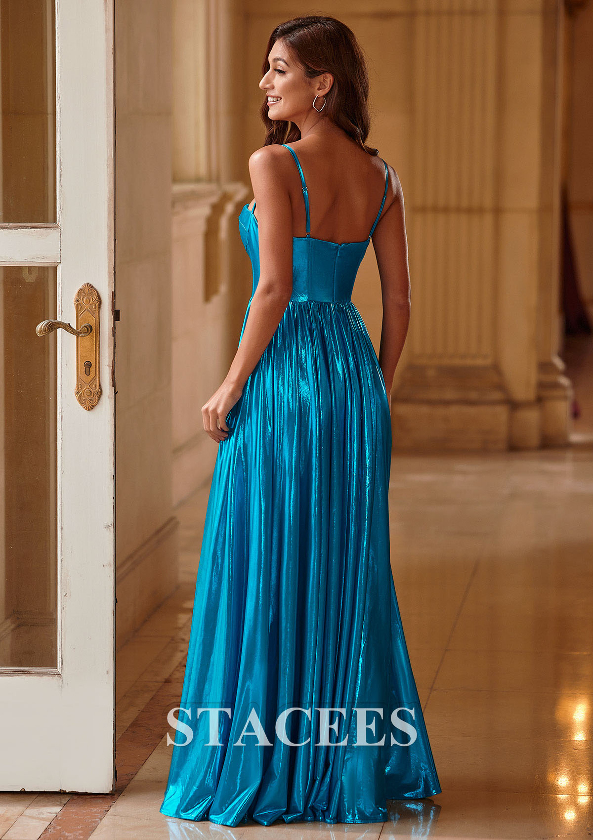 Blue A-line Sweetheart Metallic Long Pleated Prom Dress - STACEES