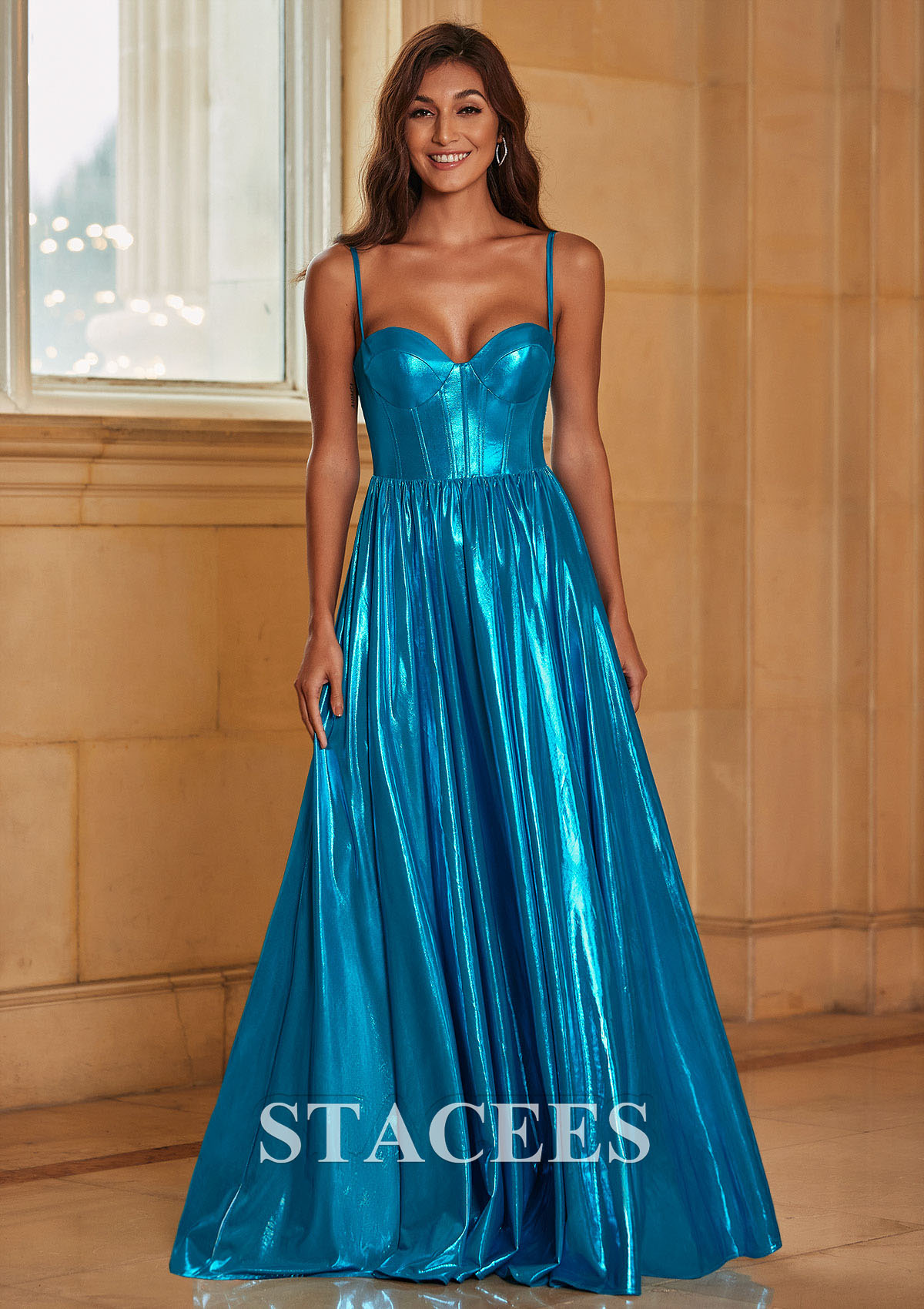 Blue A-line Sweetheart Metallic Long Pleated Prom Dress - STACEES