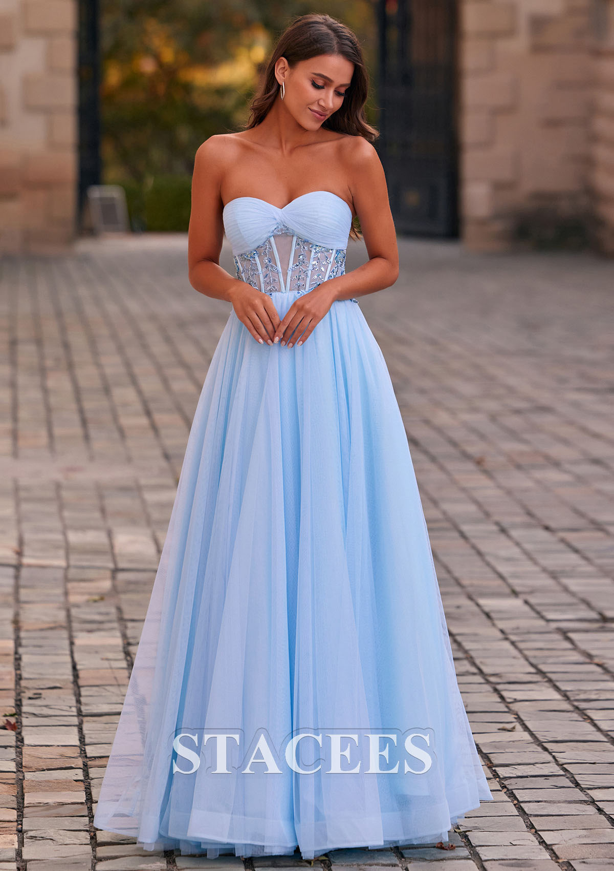 Sky Blue A-line Sweetheart Tulle Floor-Length Prom Dress with Beading Pleated Sequins - STACEES