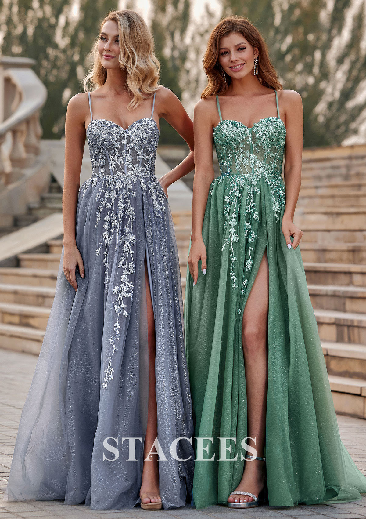 Bleu Poudré Robe trapèze tulle sans manches traîne balayage robe de fête de la rentrée - STACEES